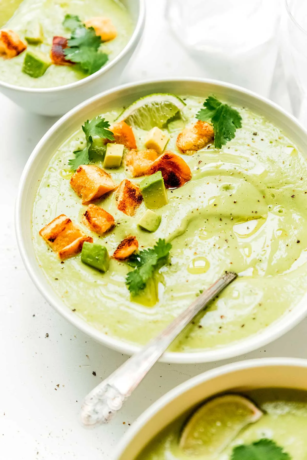 Avocado Lime Soup with Shimeji Mushrooms and Sour Cream