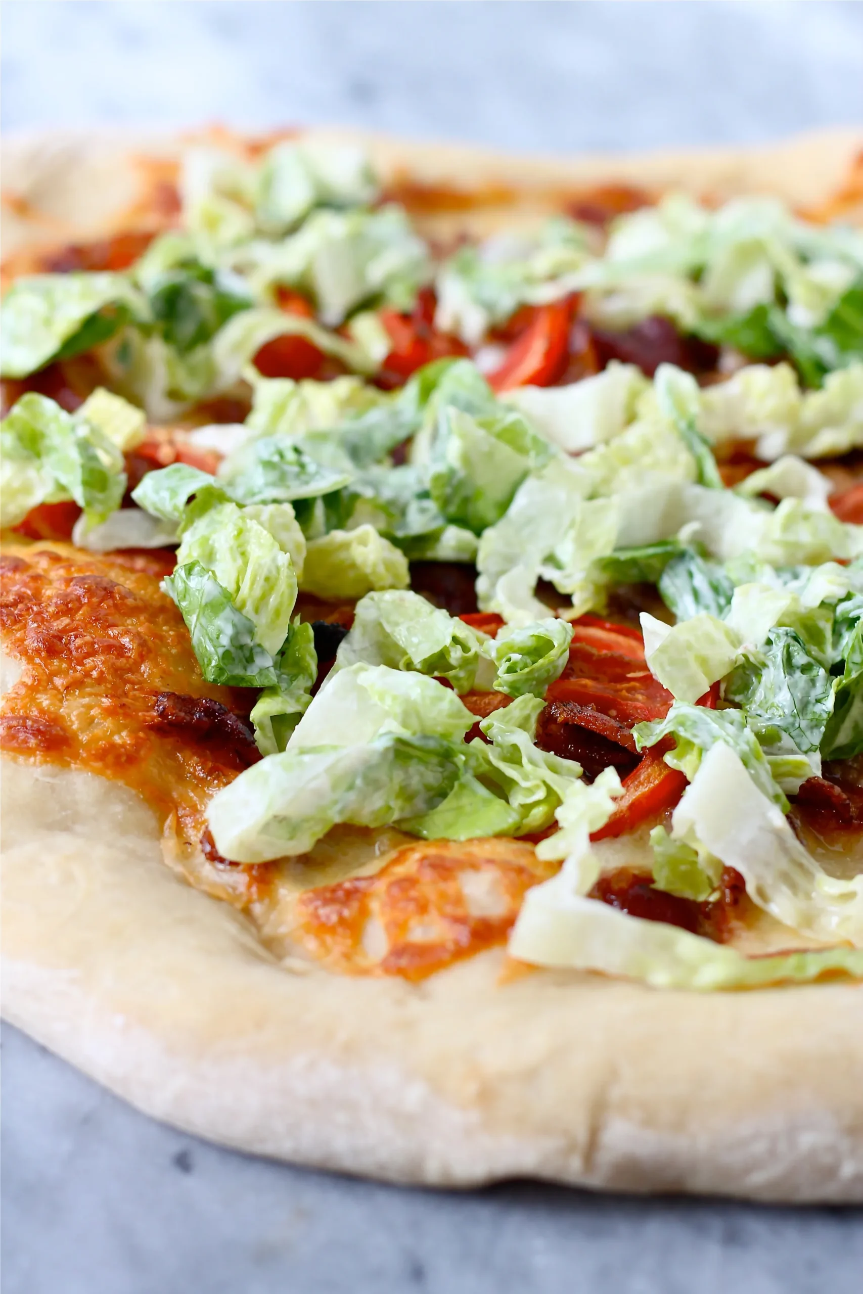 BLT Pizza with Garlic Scape Aioli and American Cheese