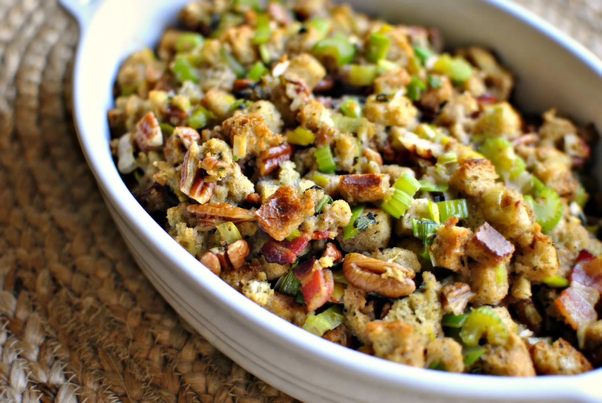 Bacon Leek Stuffing with Sage and Pecans