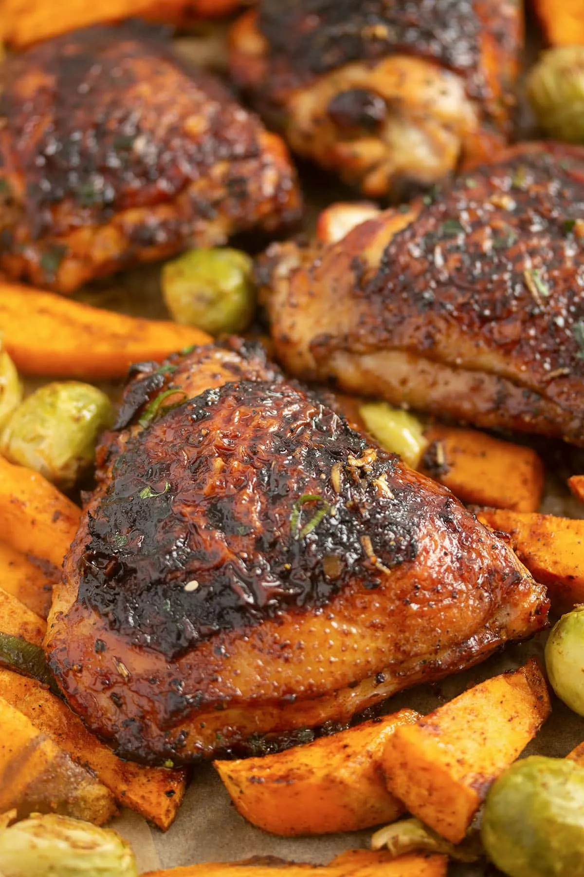 Baked Chicken Thighs with Brussels Sprouts and Sweet Potato