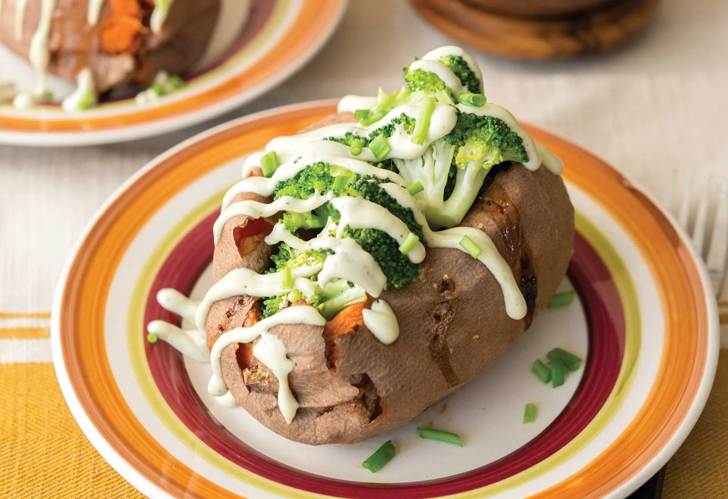 Baked Sweet Potato with Broccoli Cashew Chive Sauce