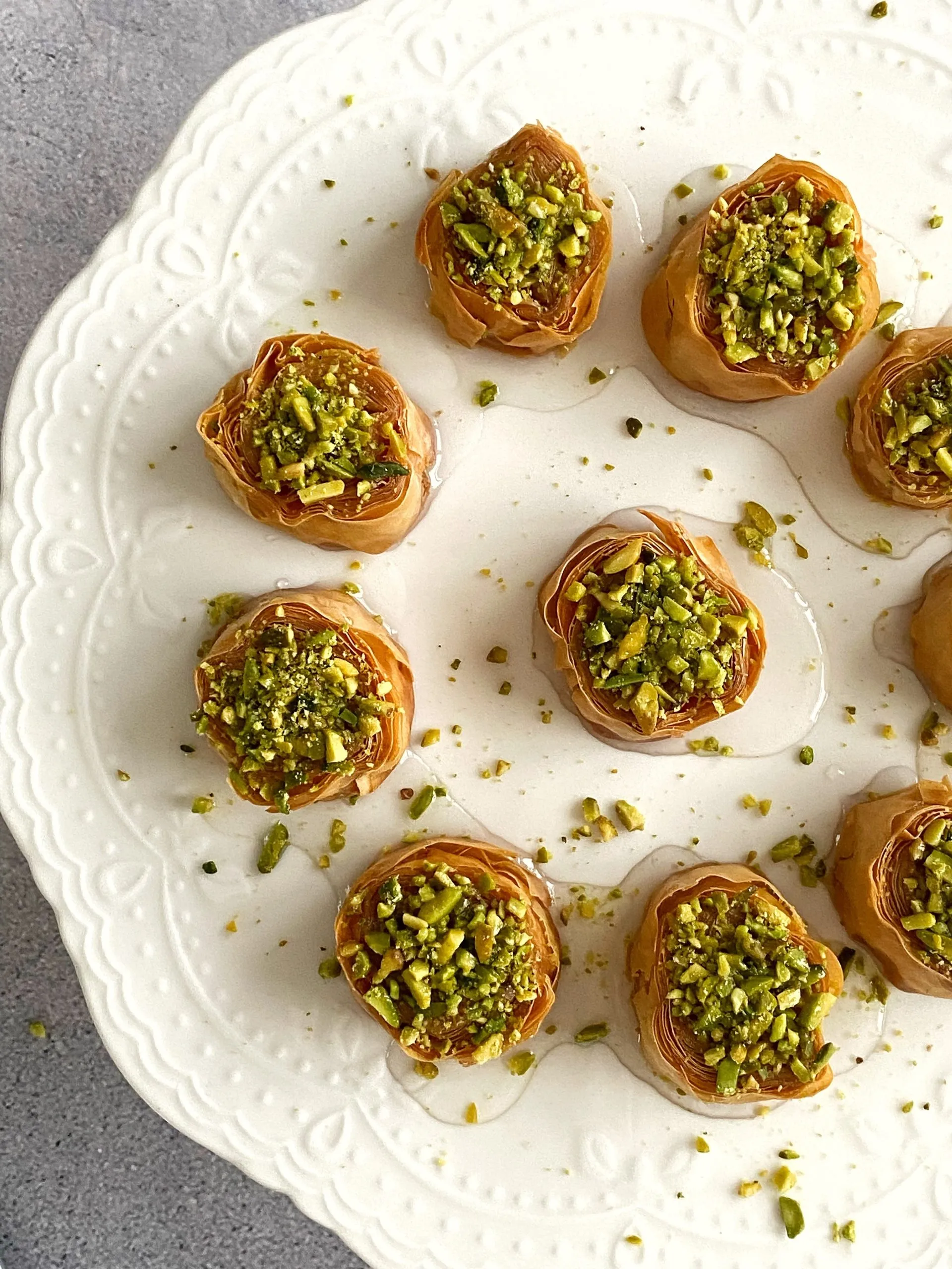 Baklava Bimuelos Passover Donuts with Pistachios and Rose Water Syrup