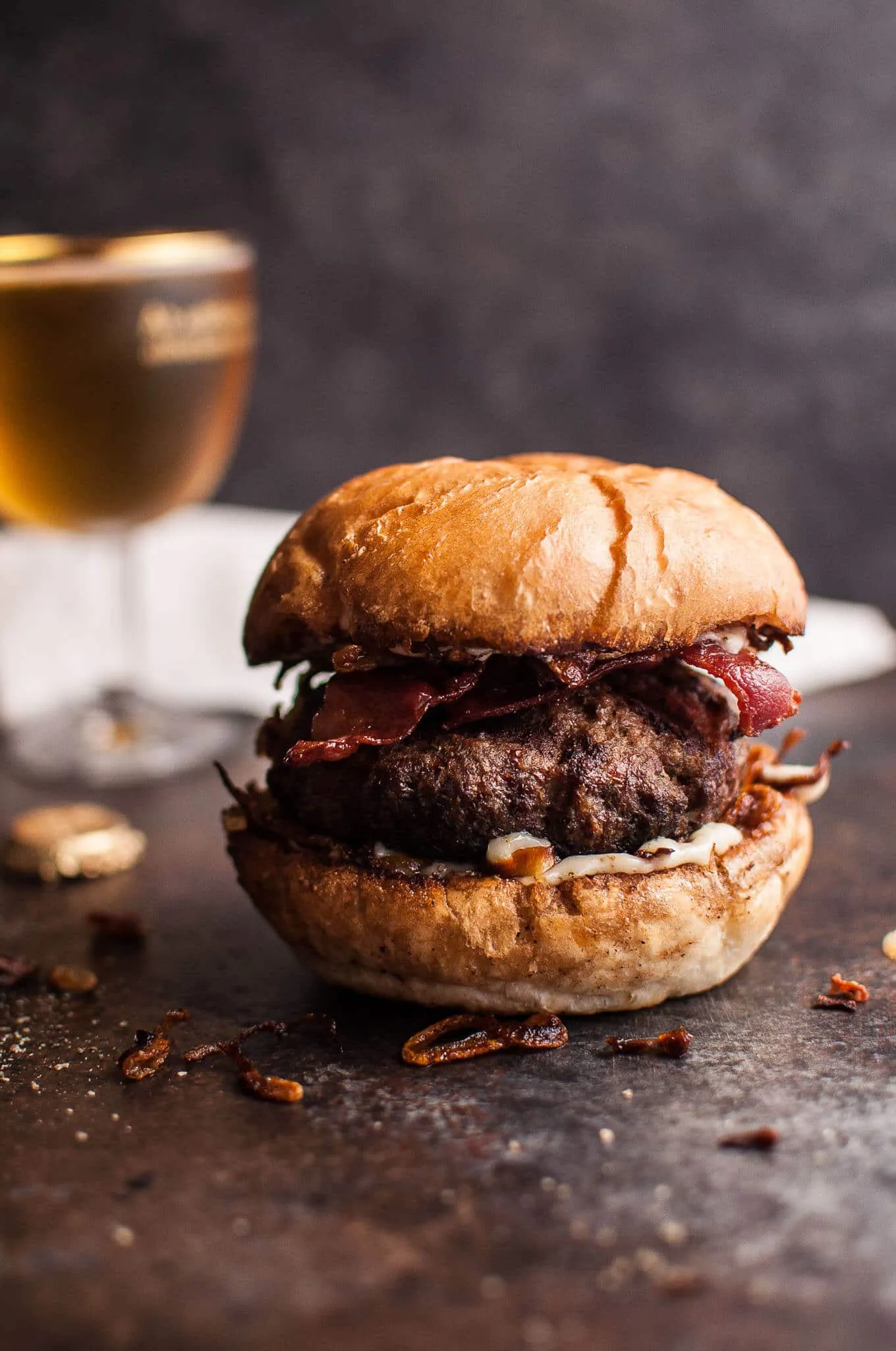 Beef Burgers with Bacon, Horseradish Mayo, and Fried Onions