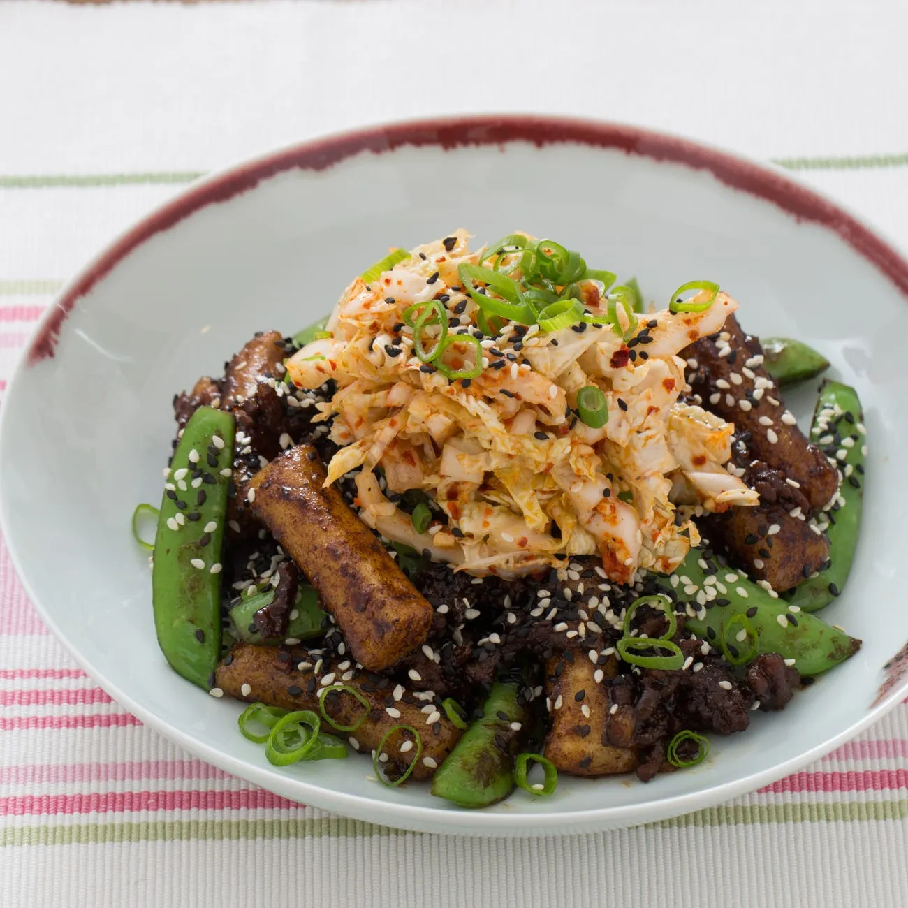 Beef Dukbokki with Quick Kimchi and Fresh Peas