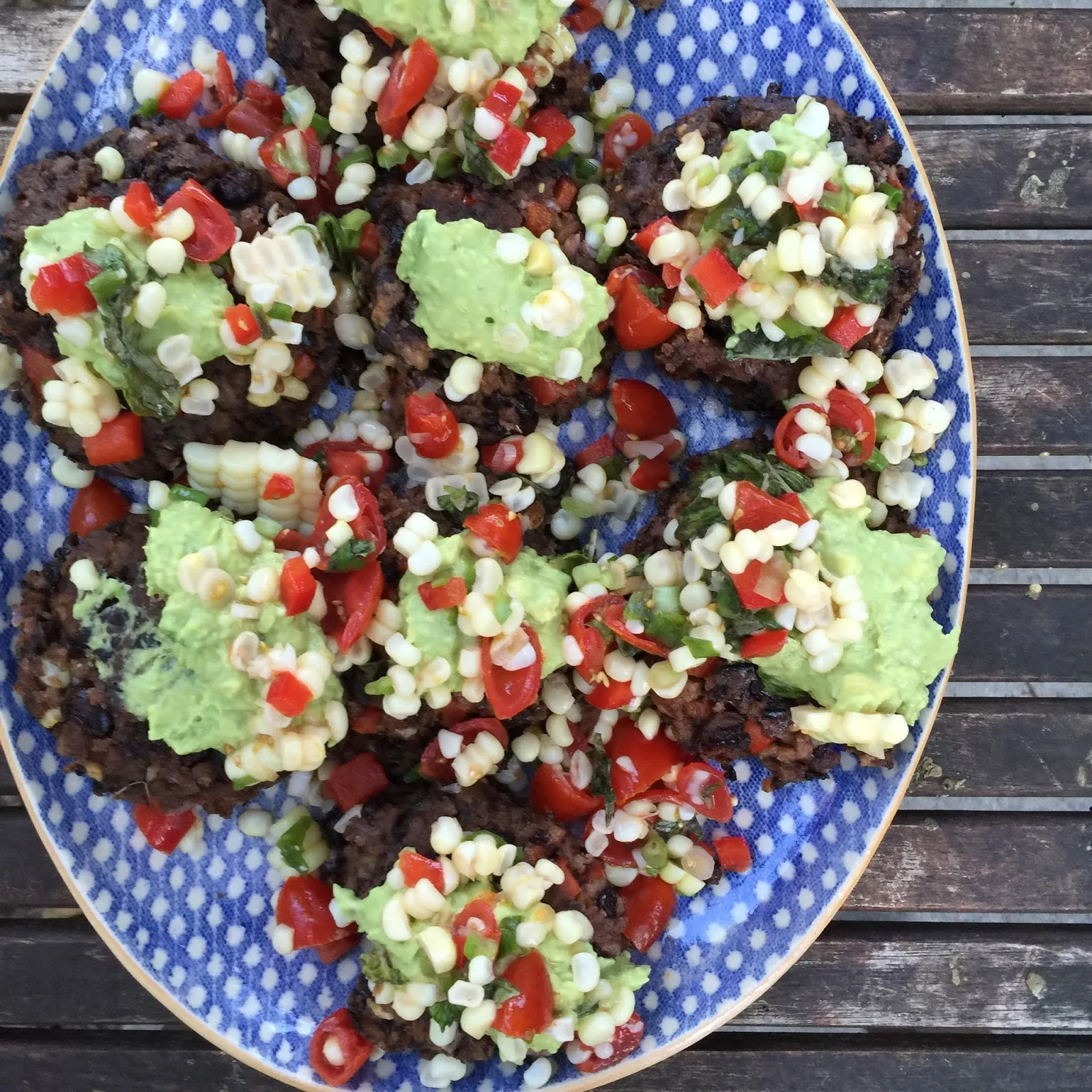 Black Bean Cakes with Corn Salsa and Avocado Sauce