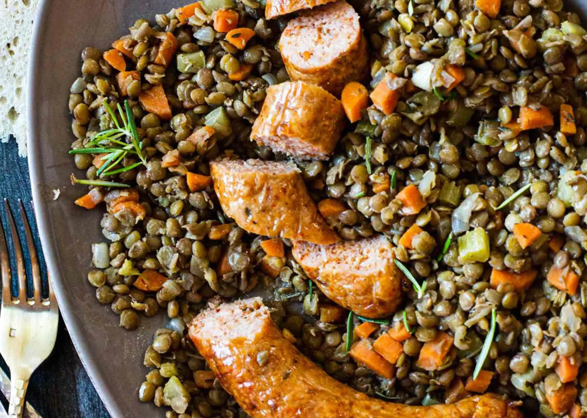Braised Green Lentils with Roasted Chicken Italian Sausages