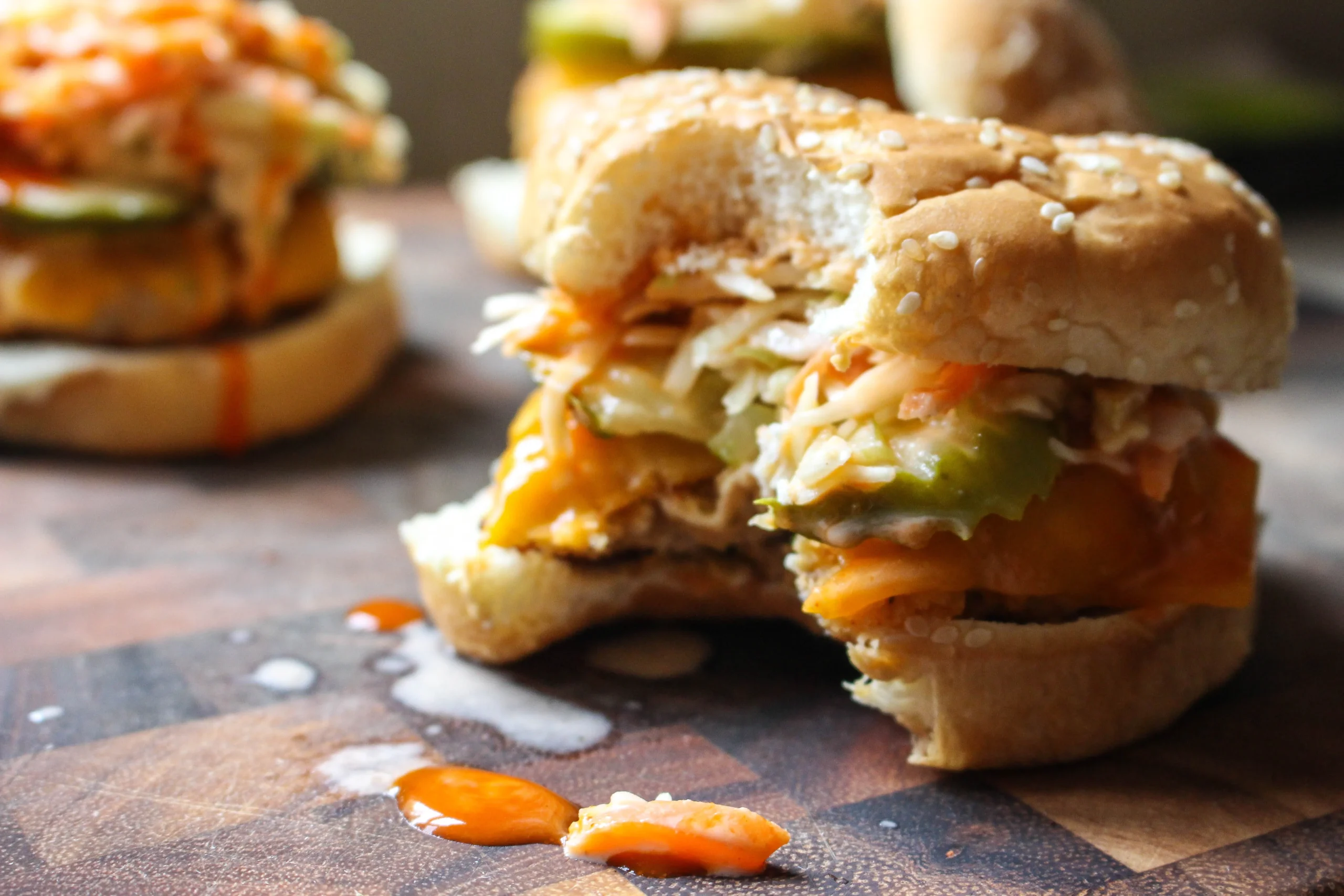 Buffalo Chicken Burgers with Ranch Slaw