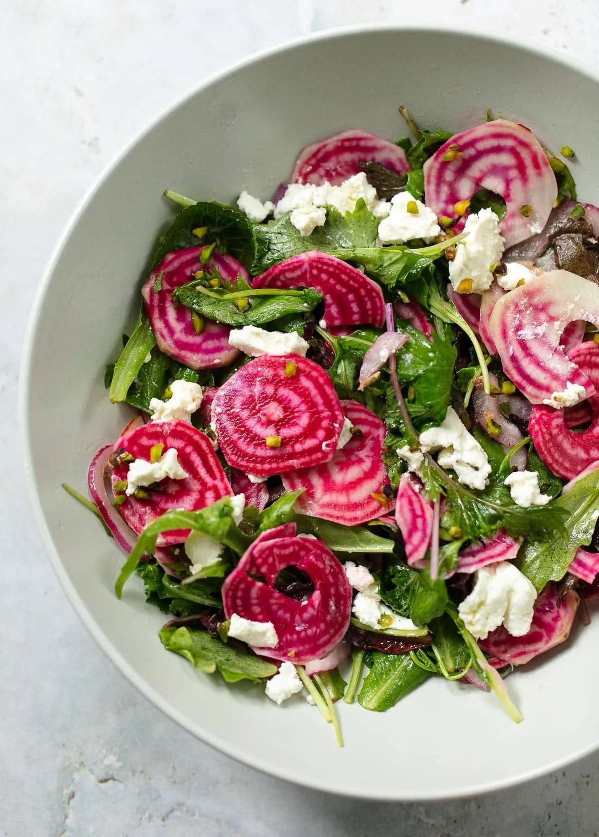 Candy Striped Beetroot Salad with Maple Candied Pecans and Goat's Cheese