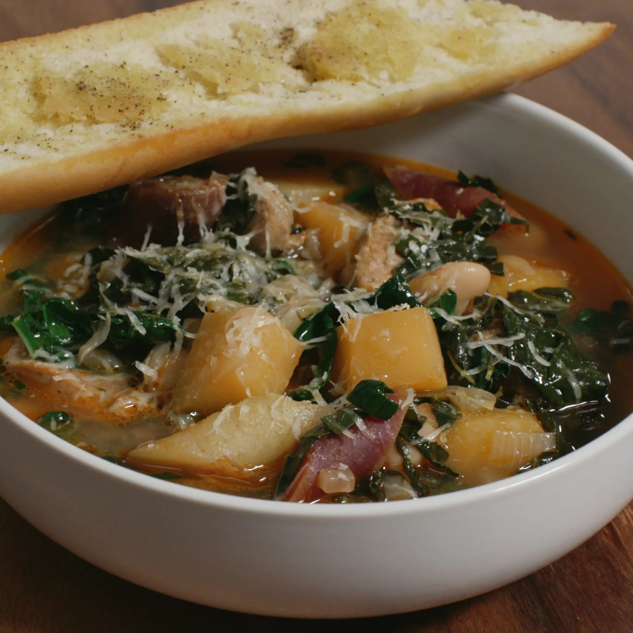 Cannellini Stew with Sausage and Kale and Cheese Toasts