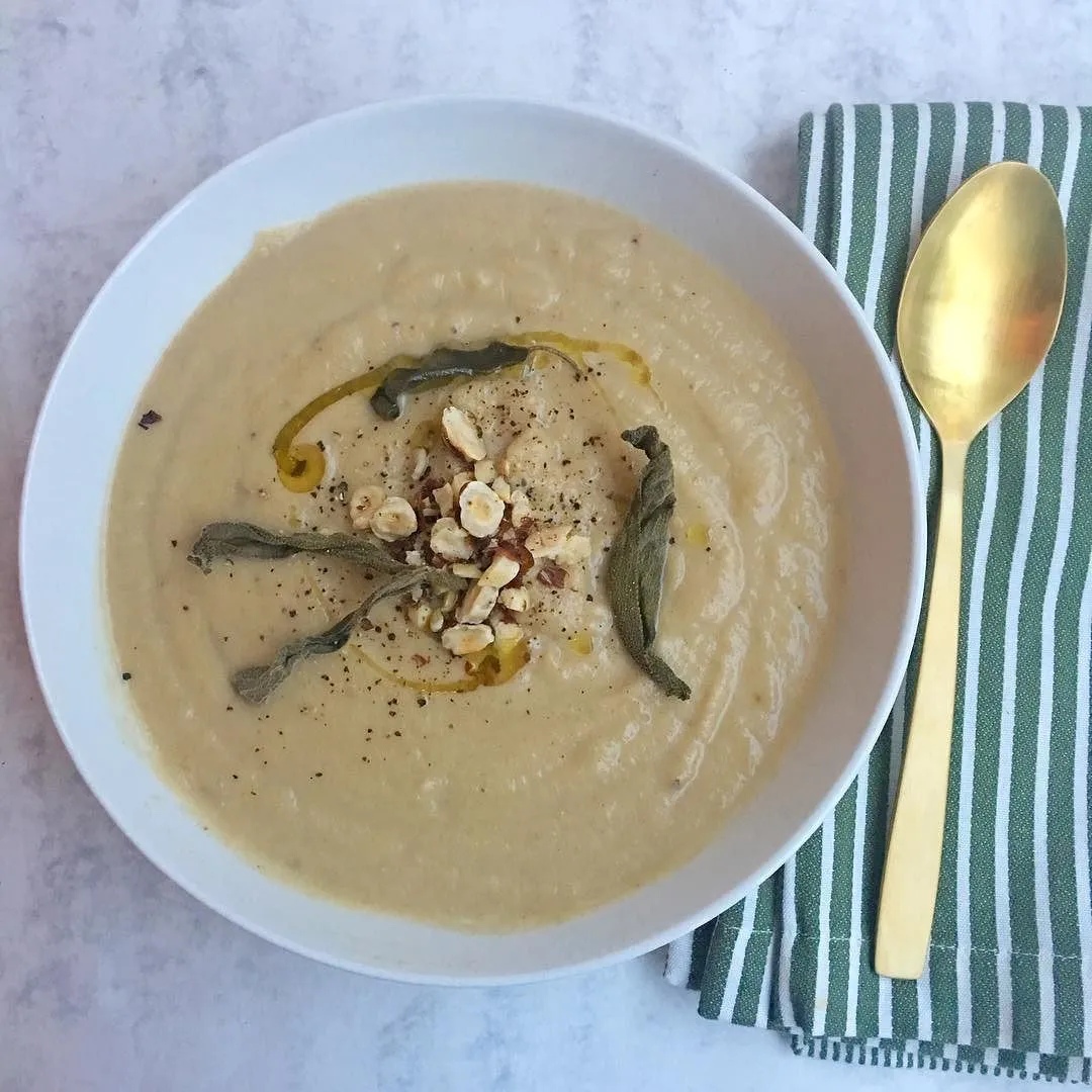 Celeriac Apple Soup with Crispy Chickpeas