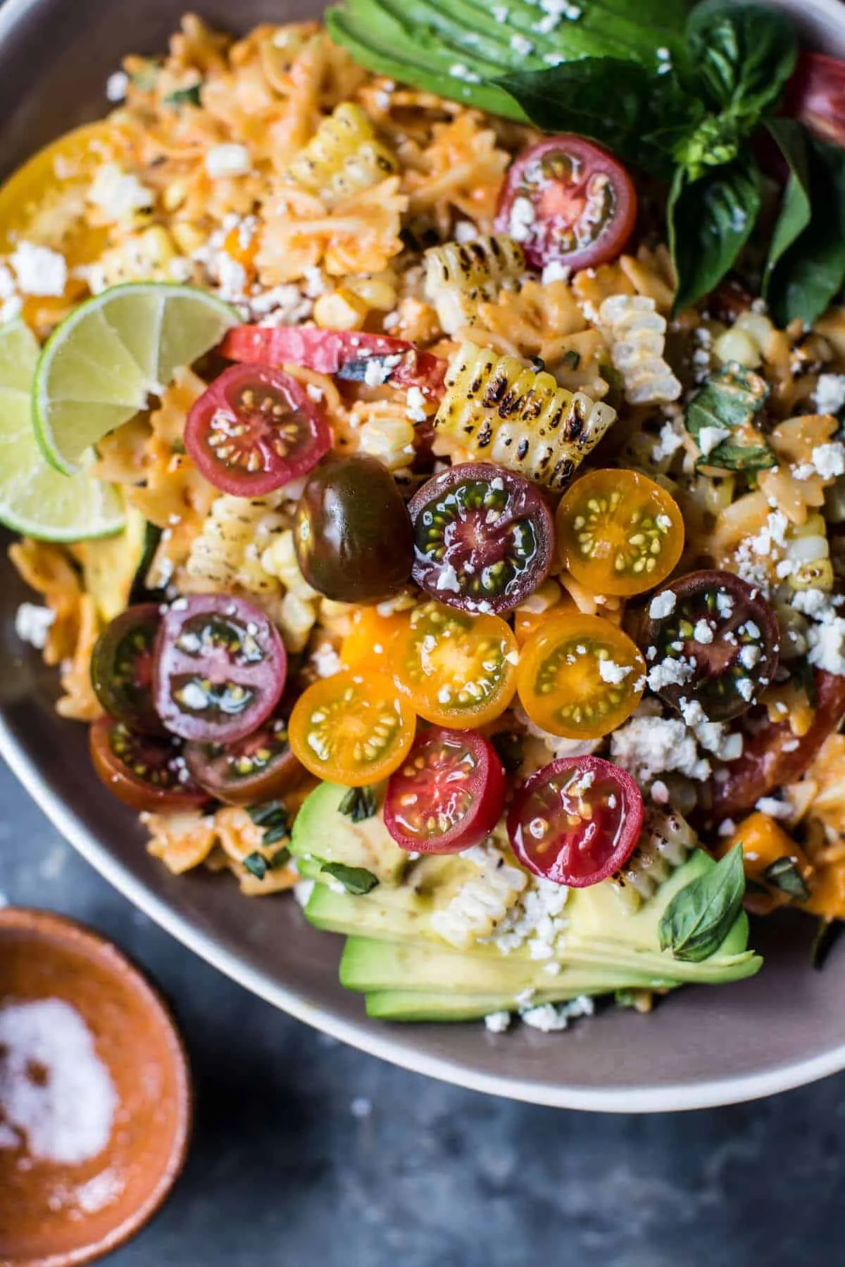 Charred Corn Zucchini Enchilada Pasta Salad