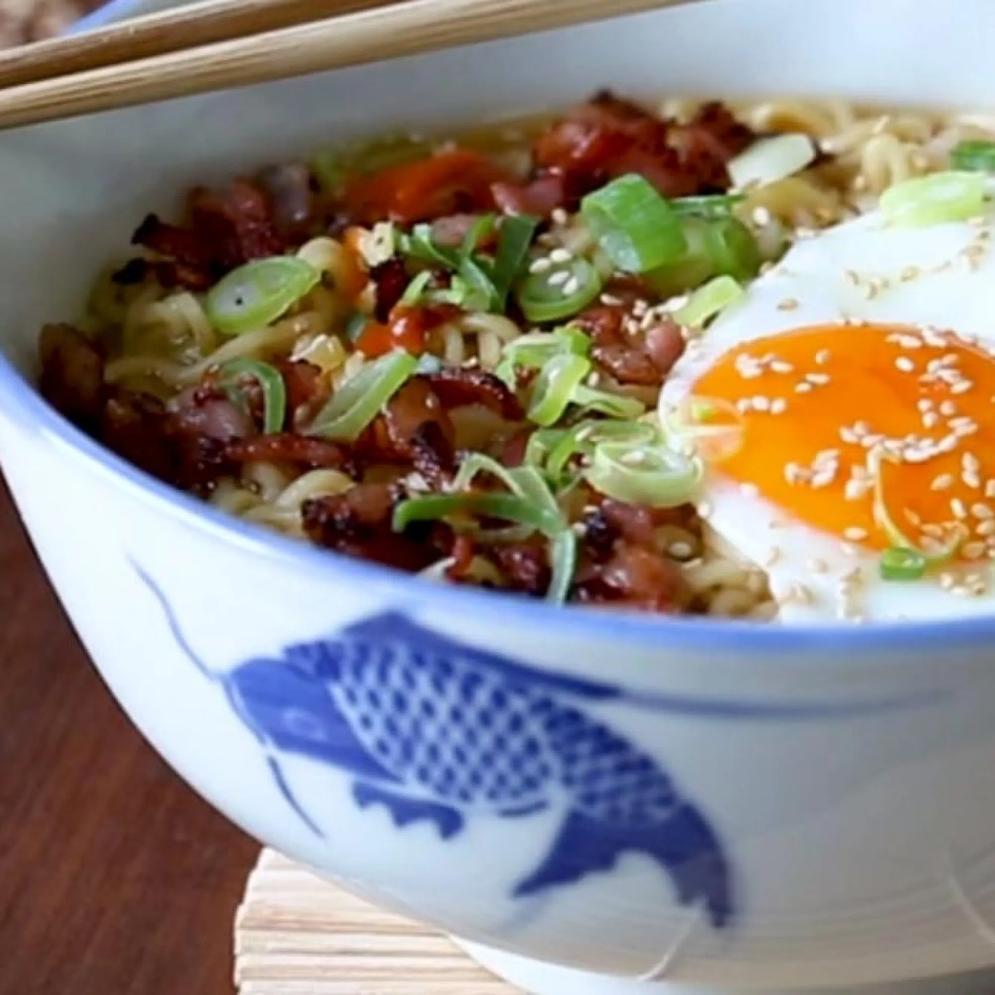 Cheesy Bacon and Egg Ramen Noodle Bowl