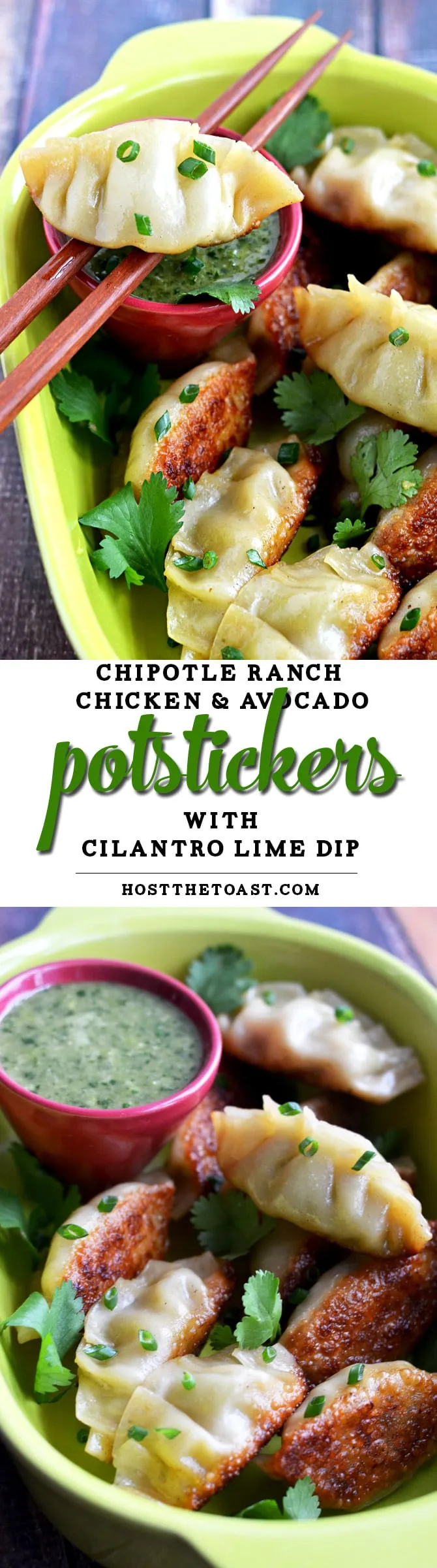 Chipotle Ranch Chicken Avocado Potstickers with Cilantro Lime Dip