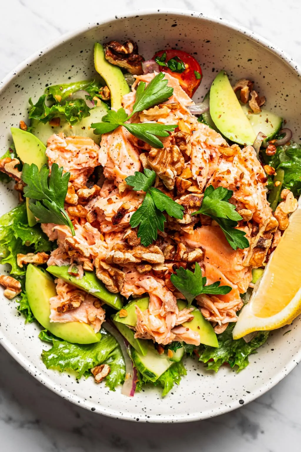 Chopped Salmon Arugula Walnut Salad with Wasabi Vinaigrette