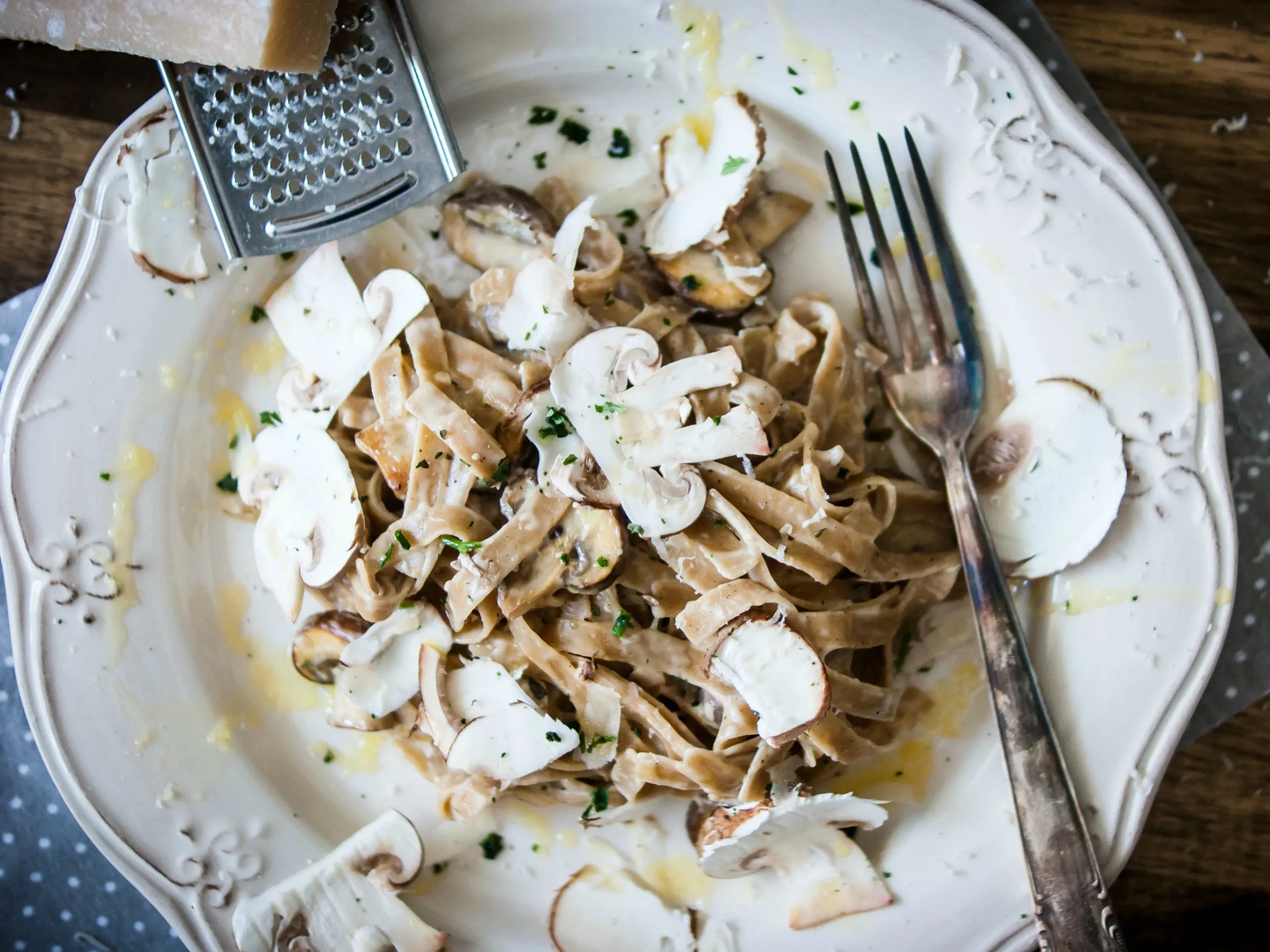 Confited Mushrooms with Pasta and Truffle Oil Shavings