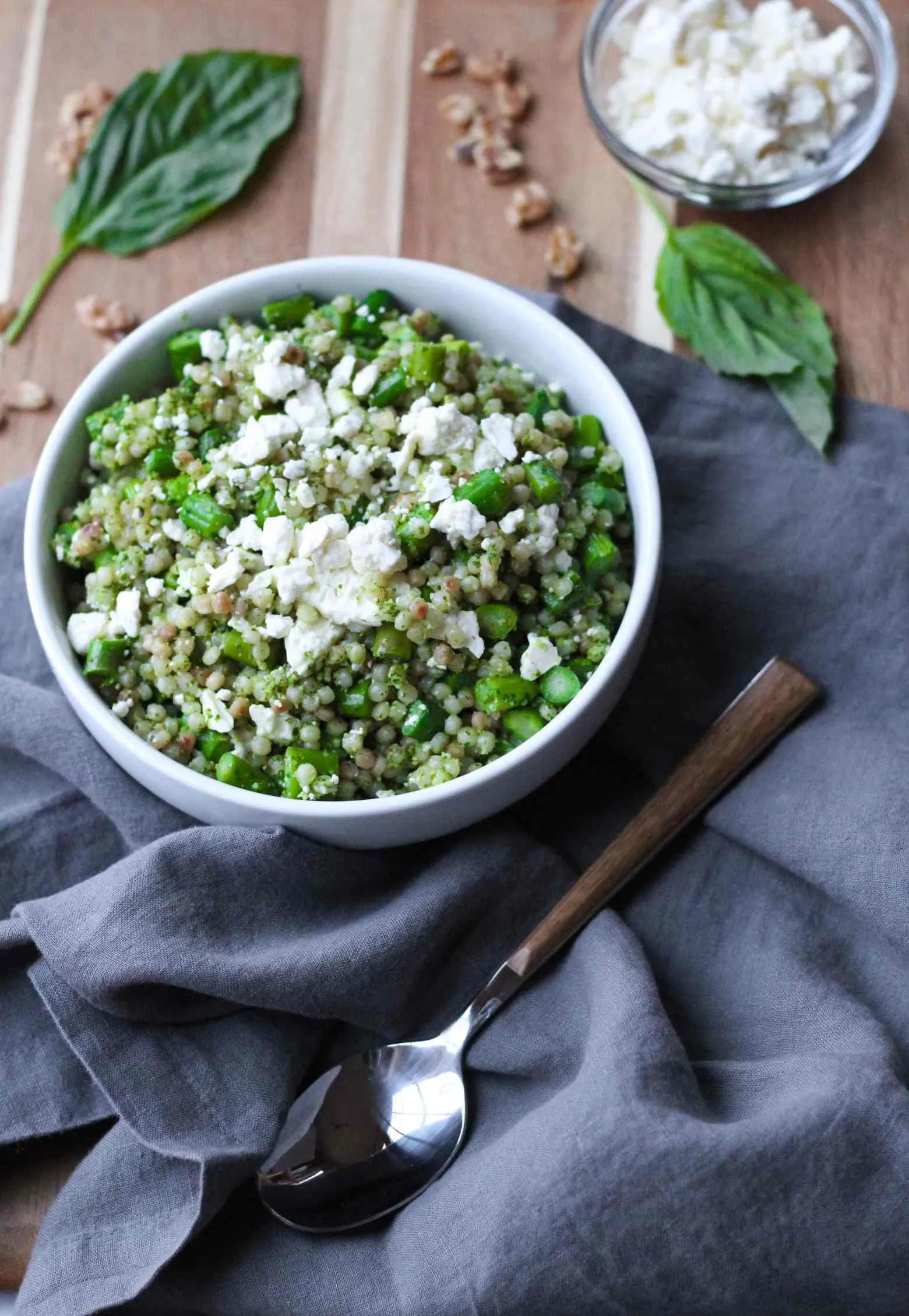 Couscous with Arugula Asiago Pesto and Herb Roasted Tomatoes