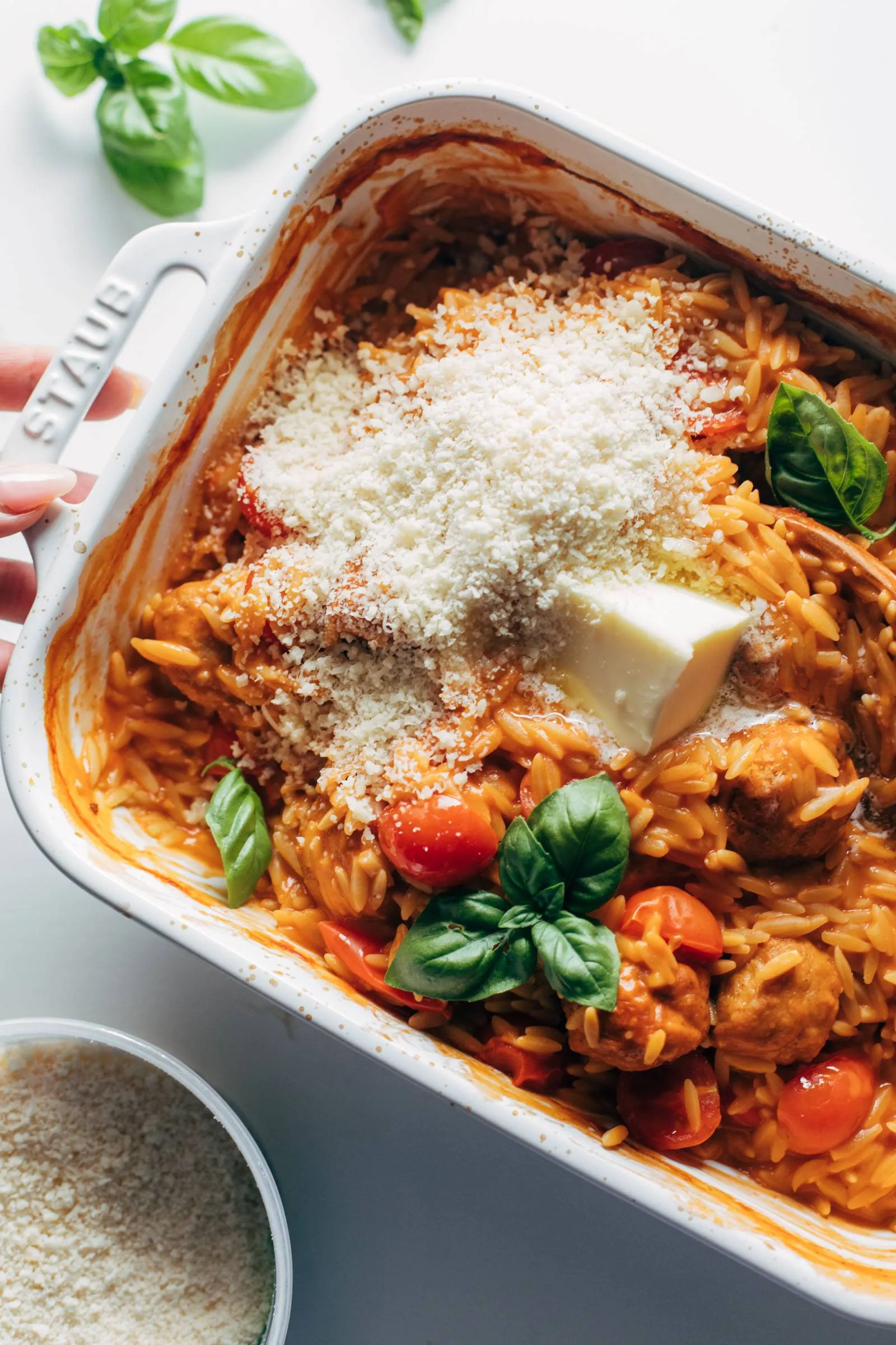 Creamy Baked Orzo with Meatballs