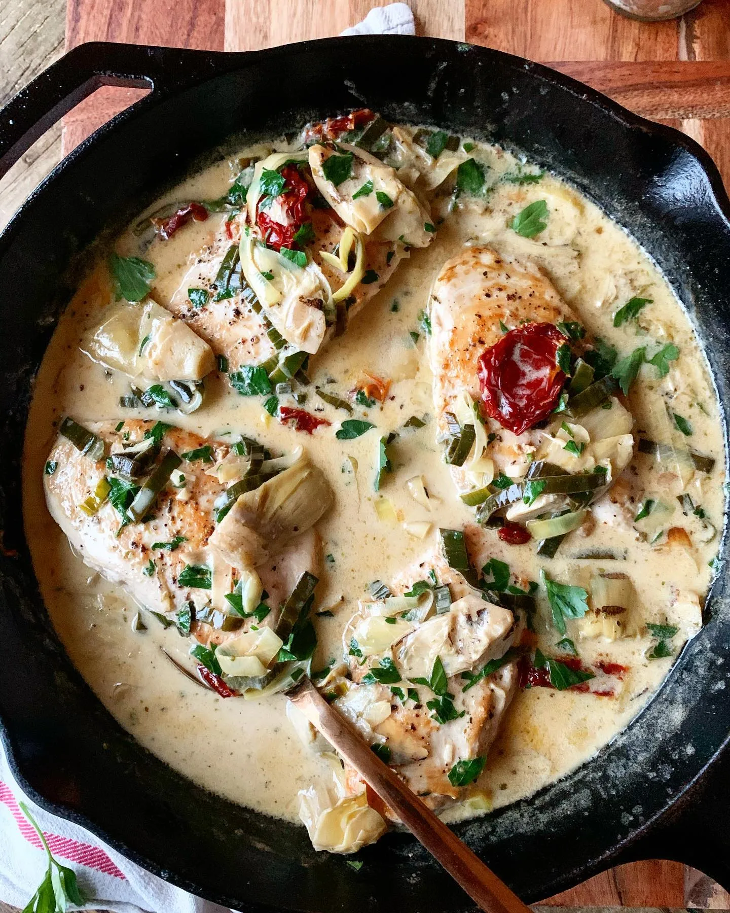 Creamy Chicken Artichoke Sun Dried Tomato and Pea Casserole