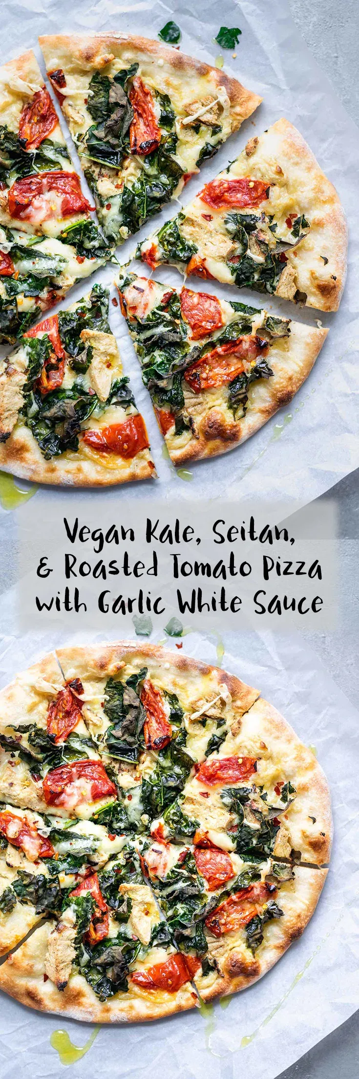 Crispy Kale Roasted Tomato and Vegan Chicken White Sauce Pizza