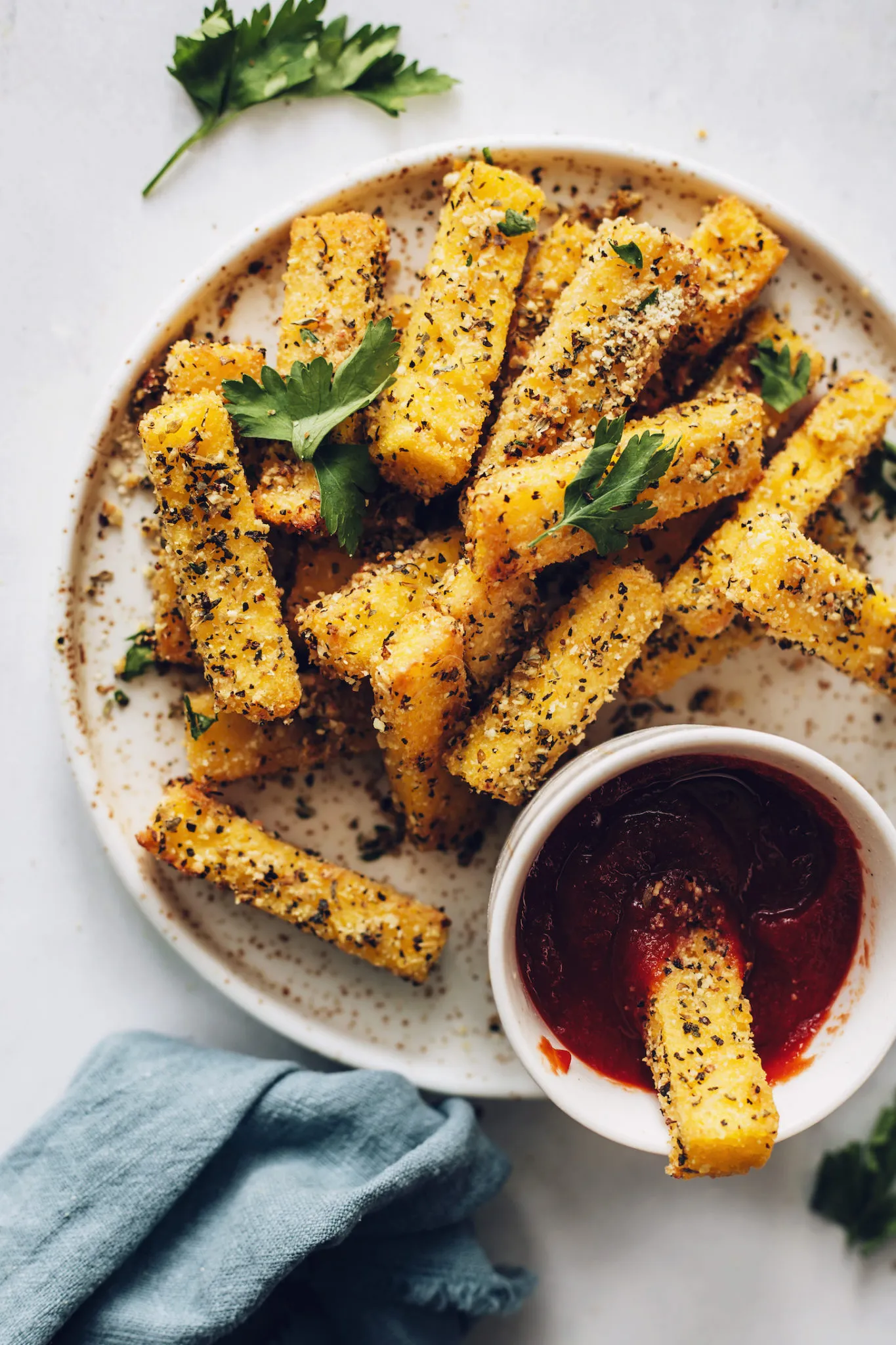 Crispy Pesto Tempeh Parmesan Polenta Vegan