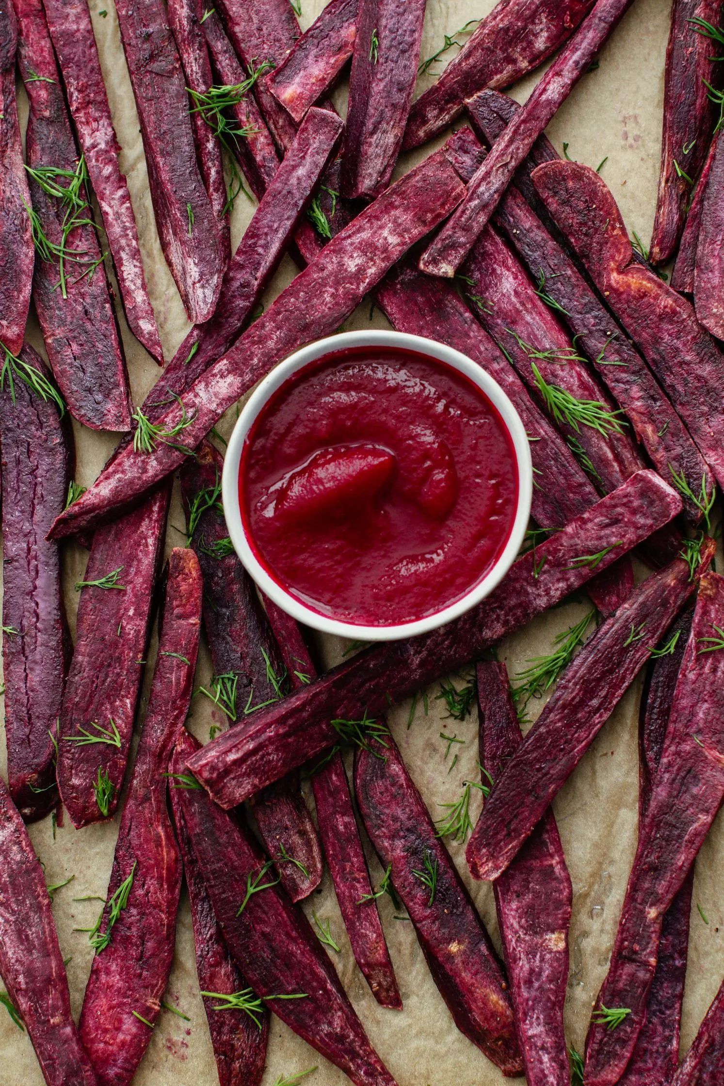 Crispy Sweet Potato Fries with Beet Ketchup