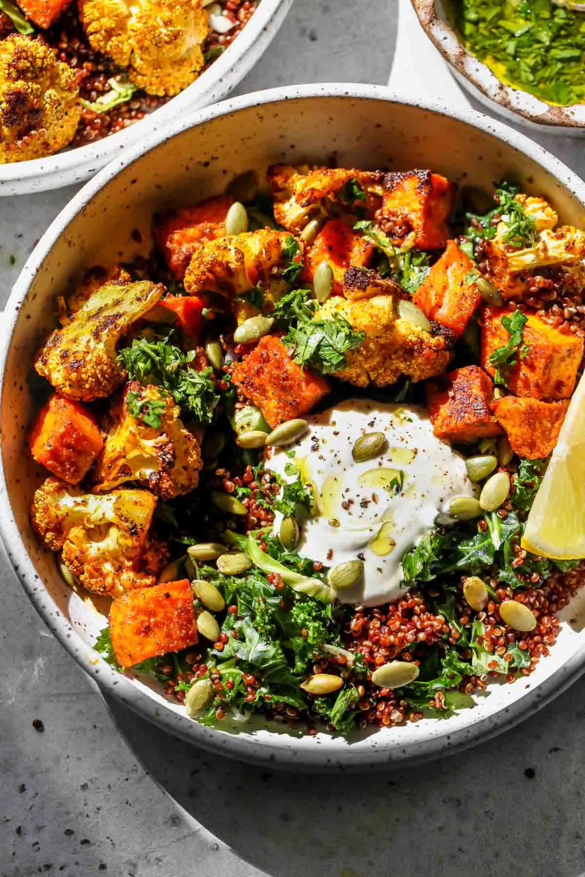 Curried Cauliflower Sweet Potato Bowls with Cumin Yogurt