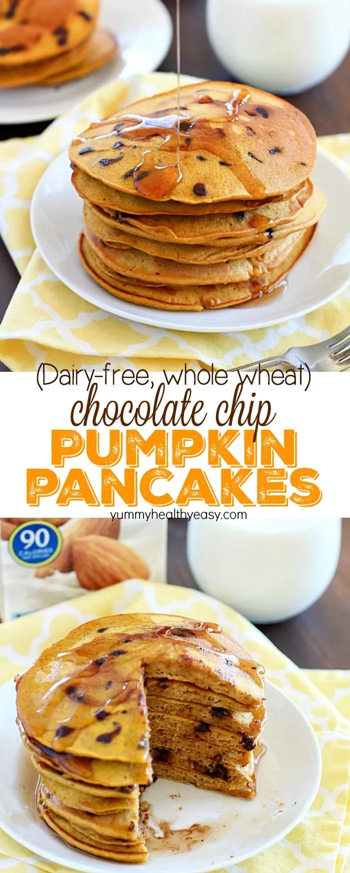 Dairy Free Whole Wheat Chocolate Chip Pumpkin Pancakes