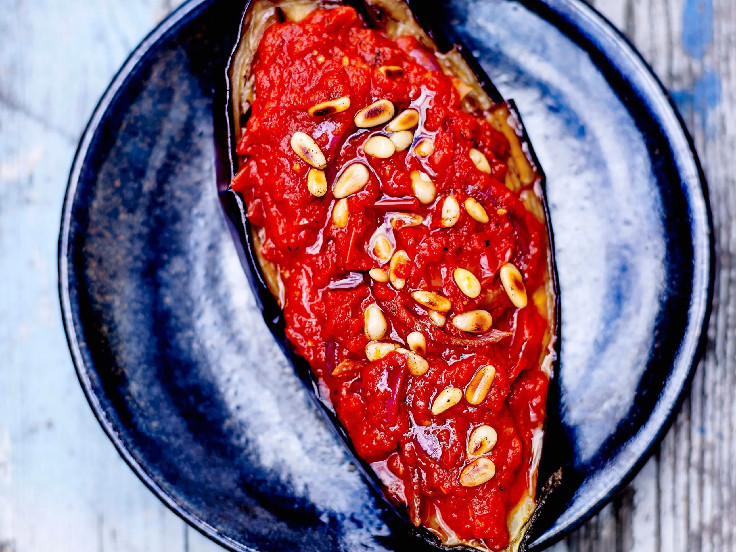Eggplant with Tomato Compote, Toasted Almonds, Fresh Mint