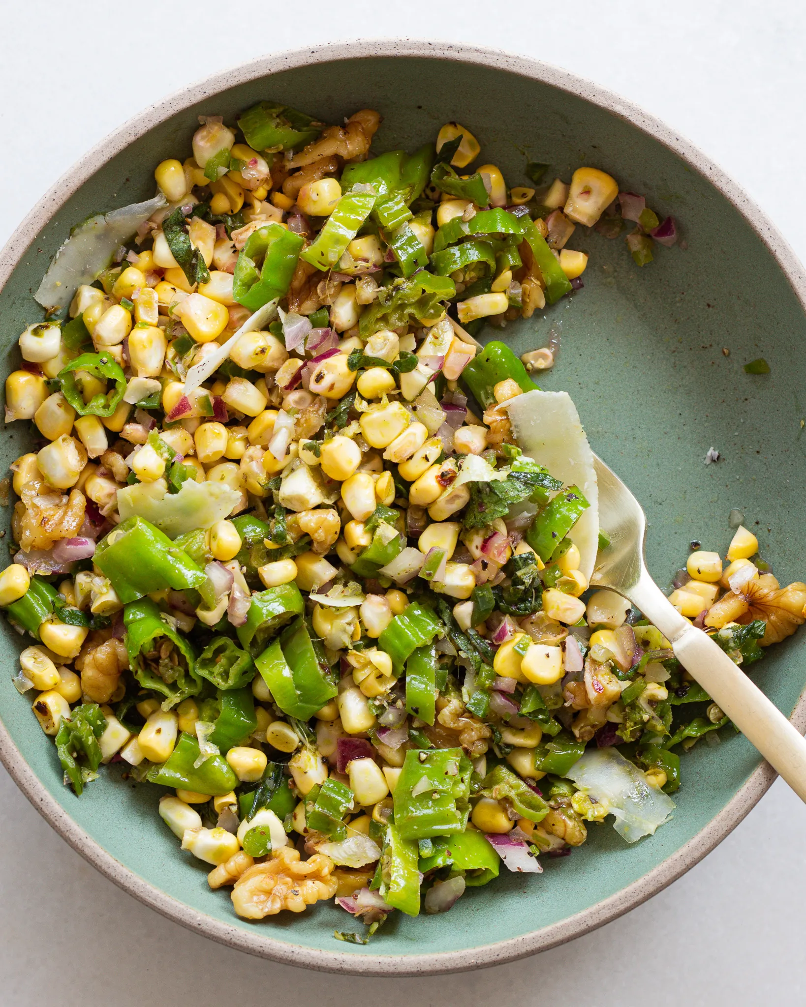 Fresh Corn Salad with Blistered Shishito Peppers and Lime Dressing