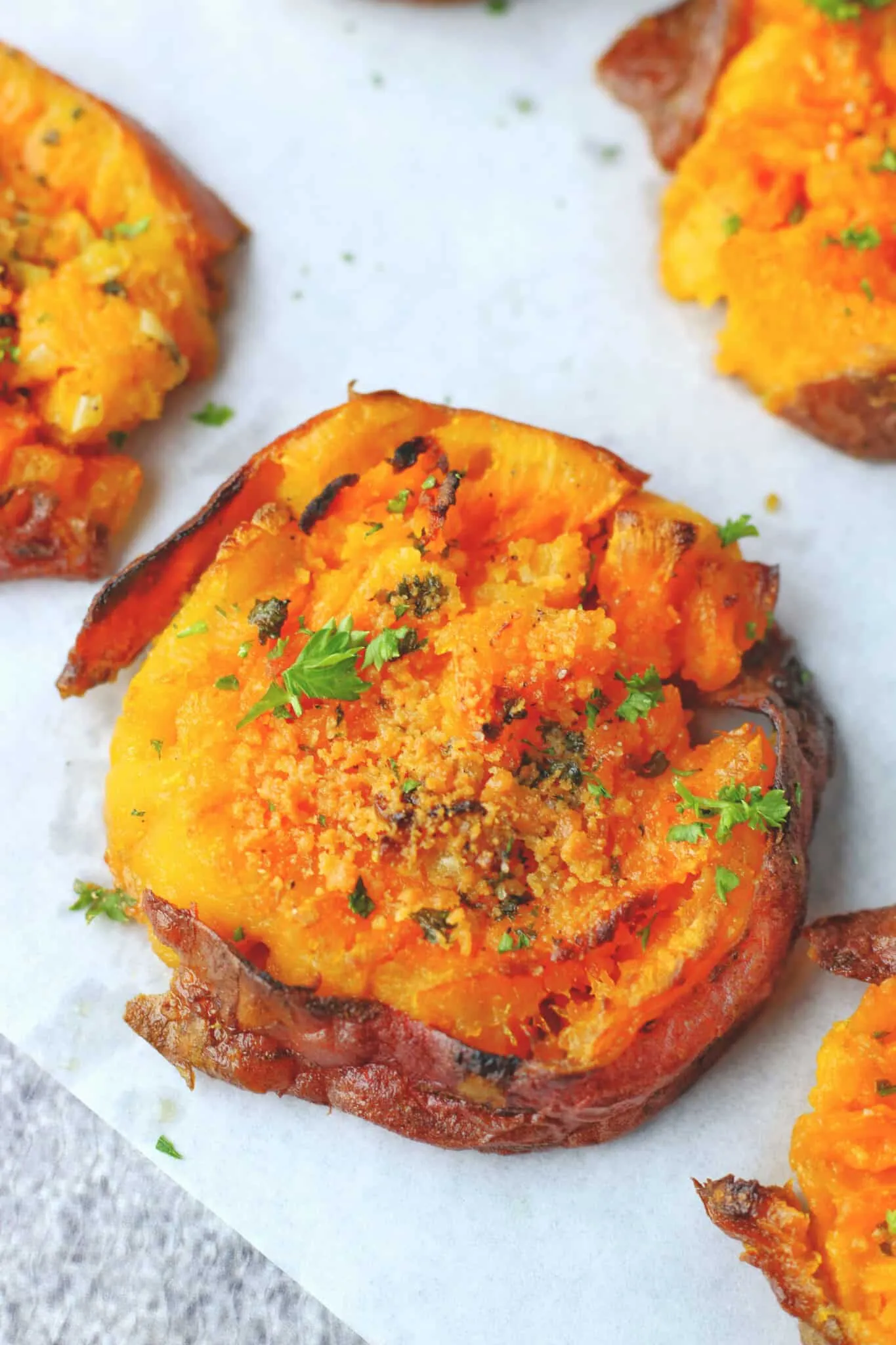 Garlic Butter Smashed Sweet Potatoes