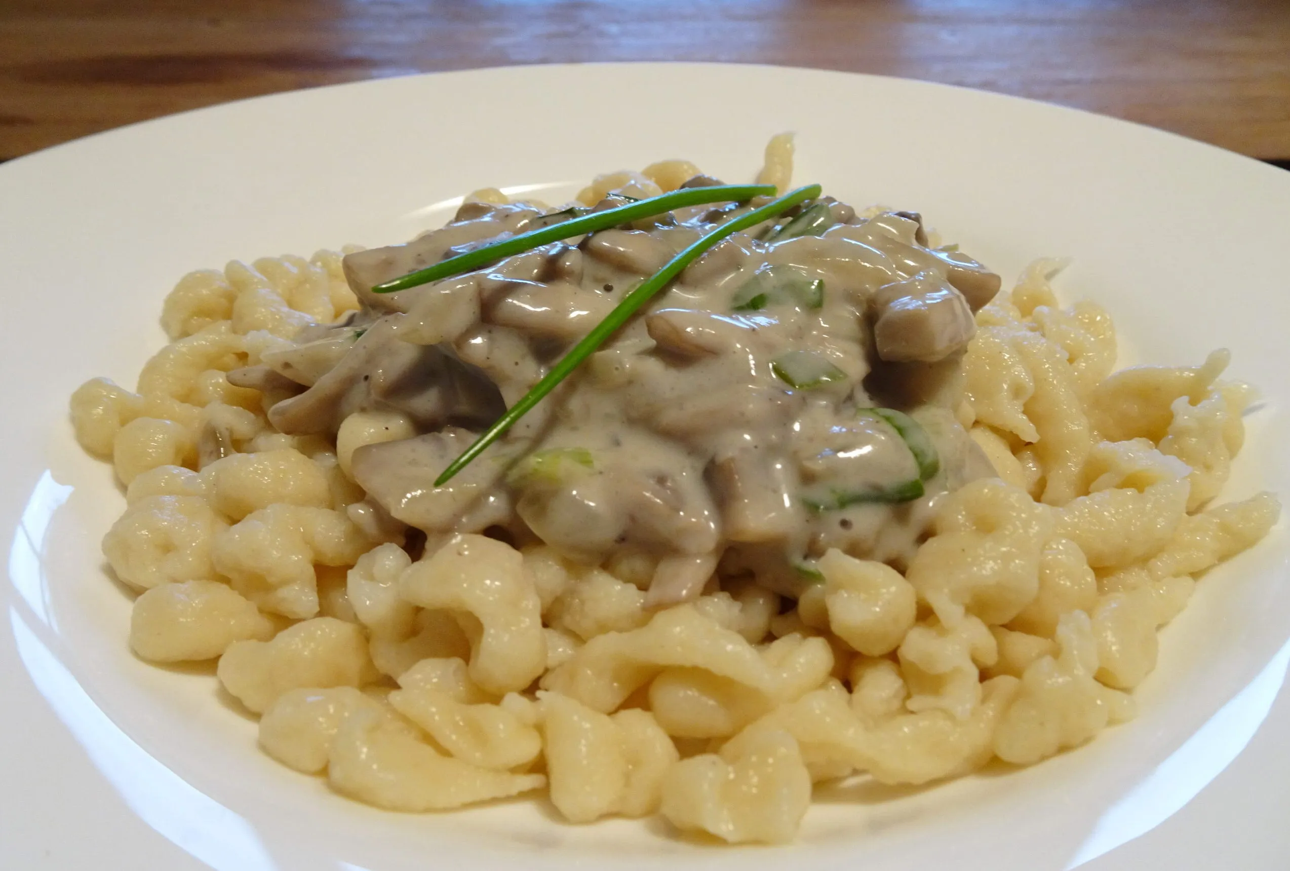 German Creamy Mushroom Pork Hunters Sauce with Spaetzle