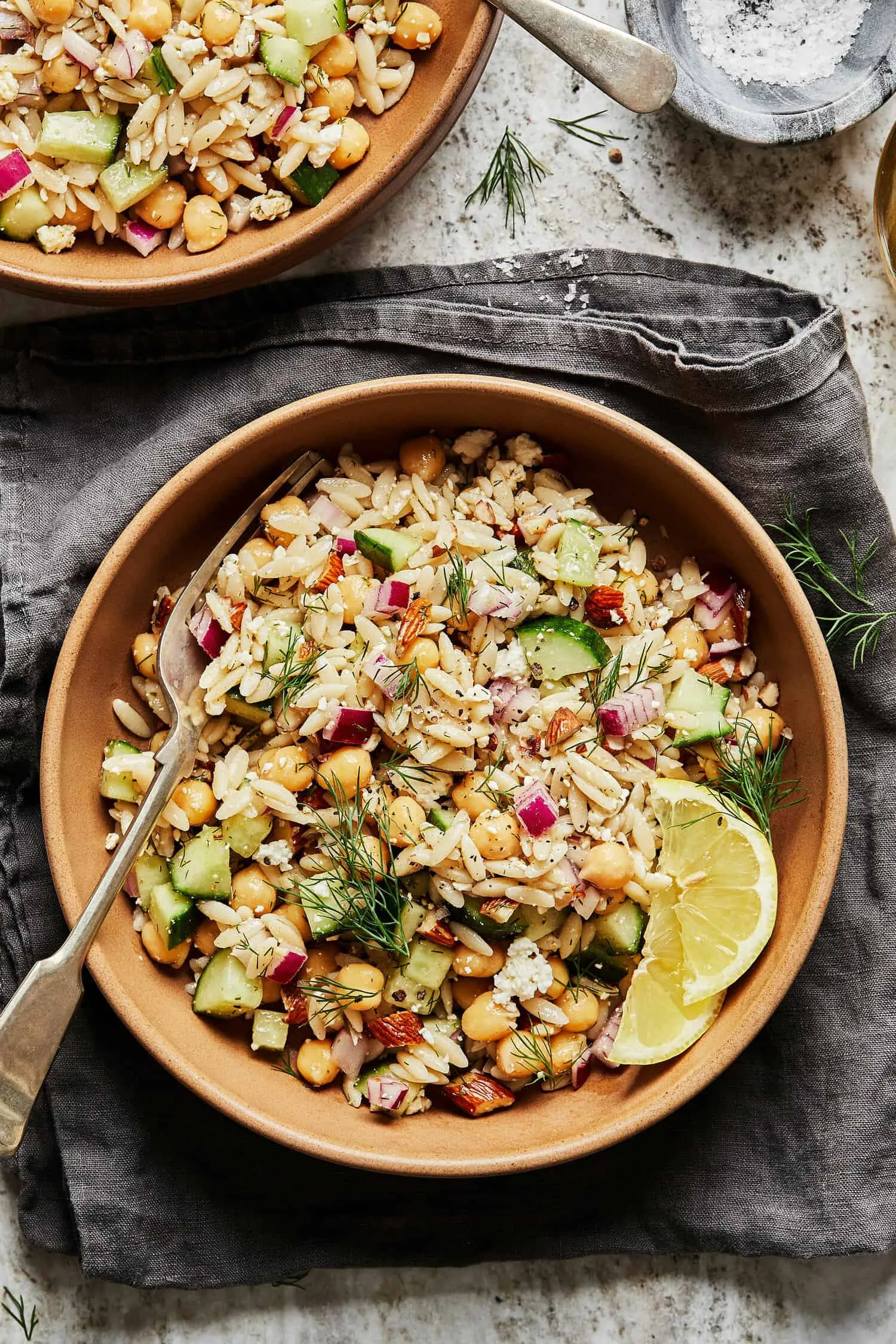 Greek-ish Orzo Salad with Chickpeas, Olives, and Capers