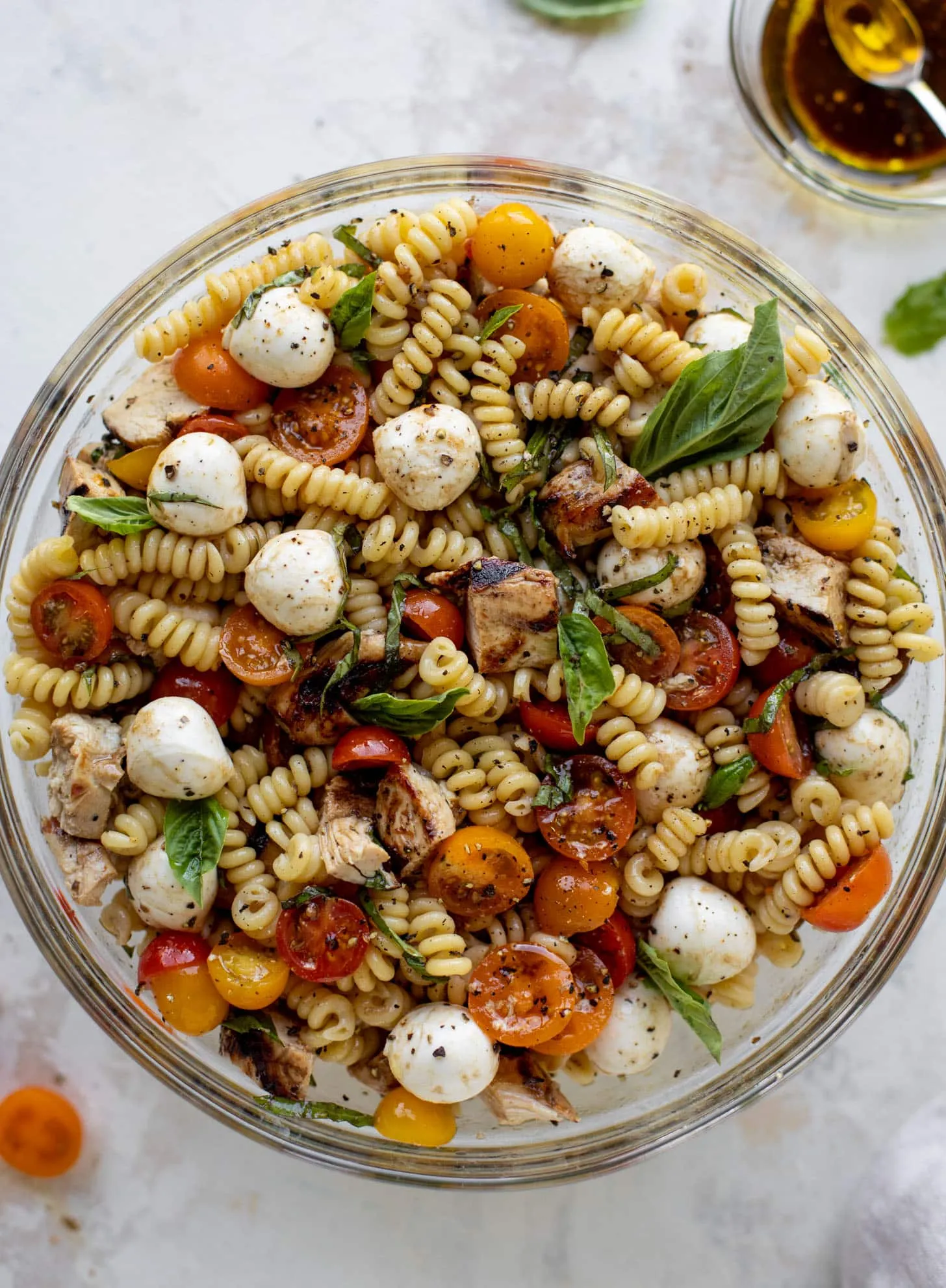 Grilled Chicken Caprese Pasta Salad with Creamy Balsamic Dressing