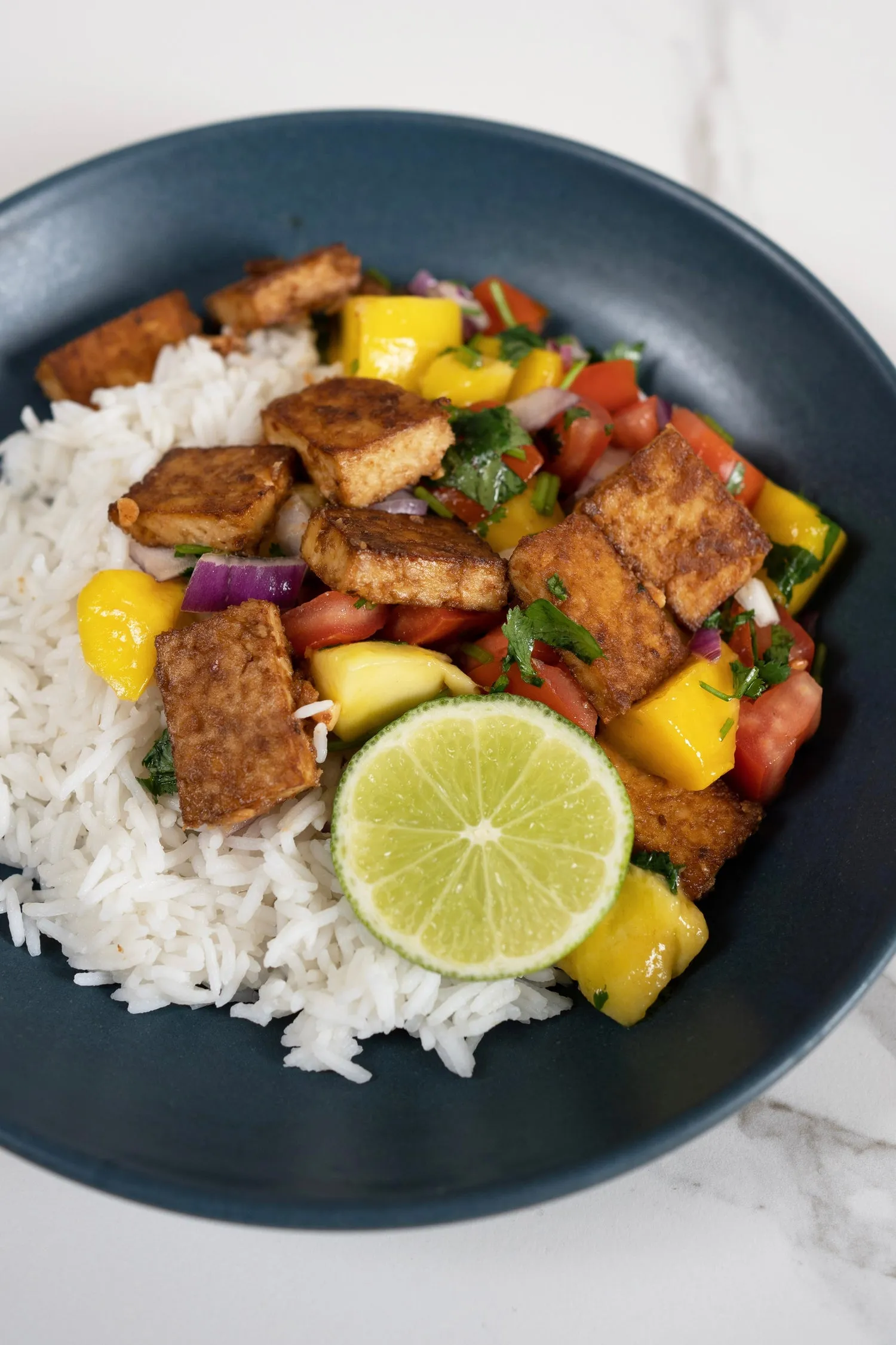 Grilled Indonesian Style Tofu with Peanut Mango Salsa