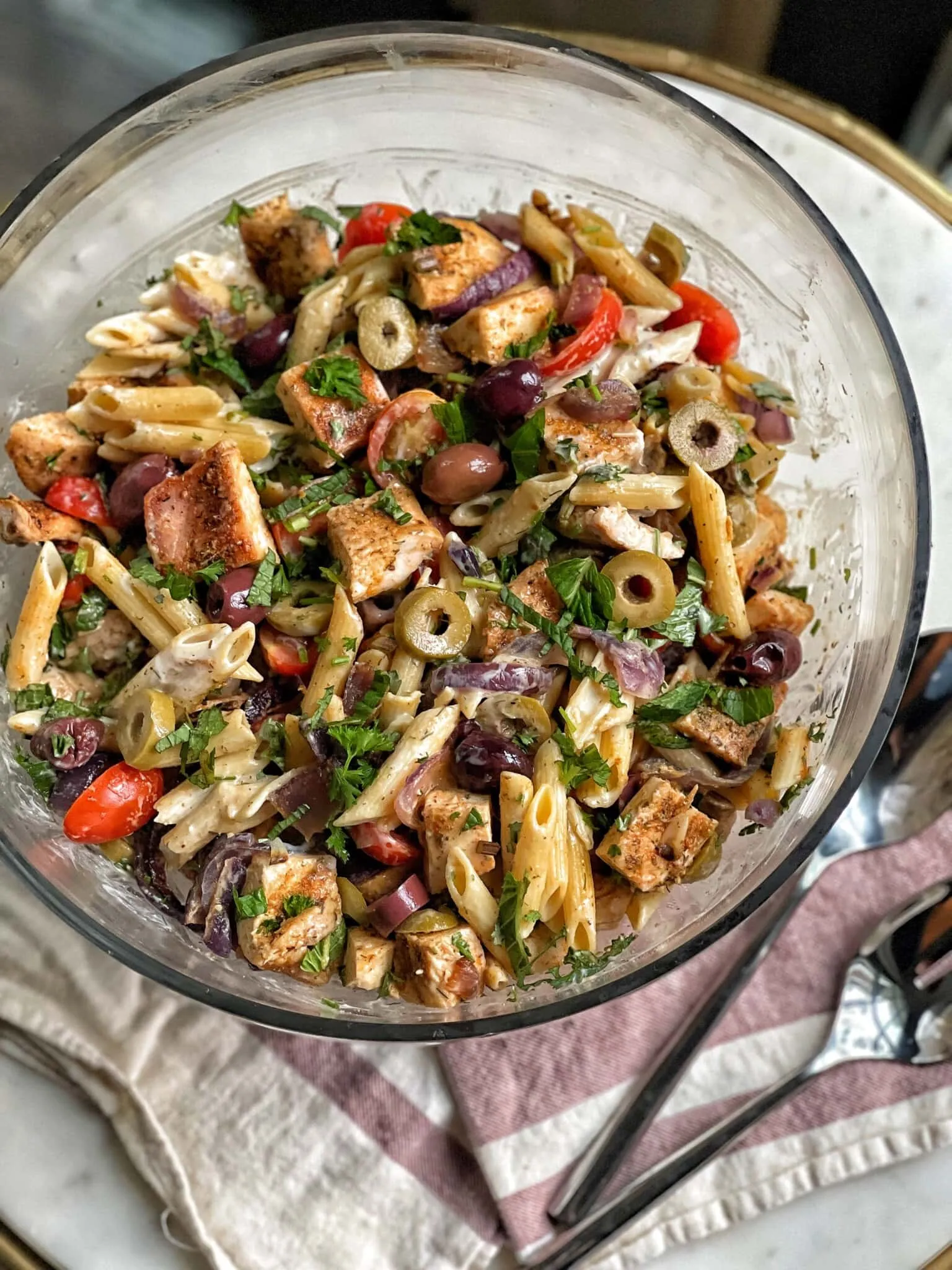Healthy Greek Inspired Chicken Pasta Salad