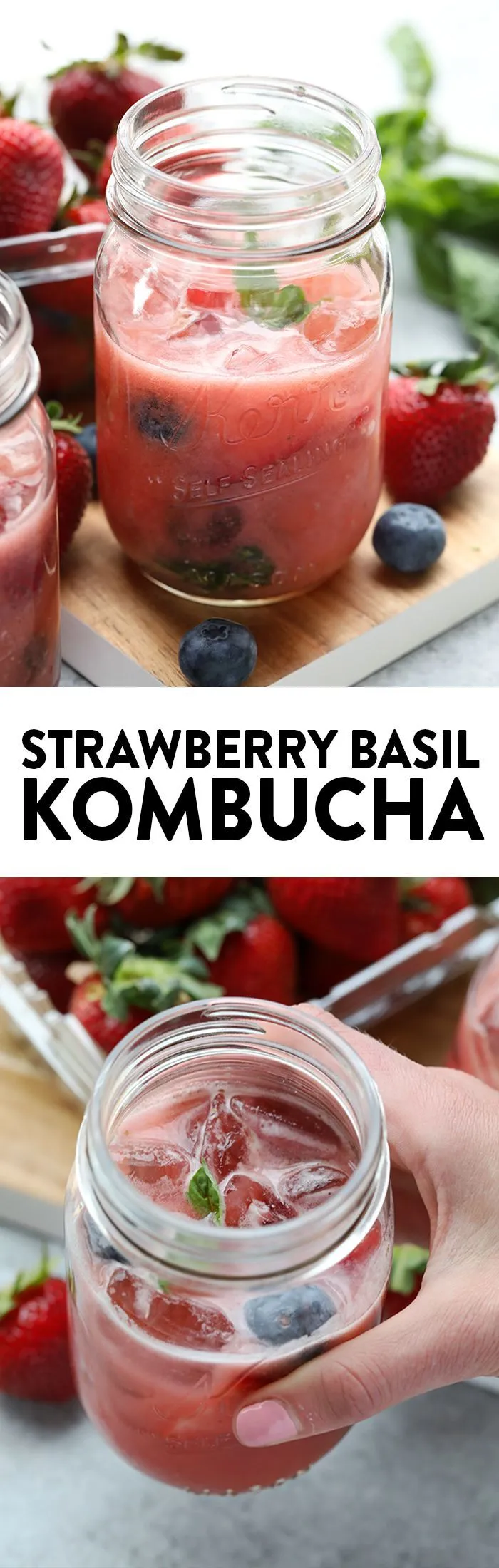 Healthy Strawberry Basil Kombucha Mocktail