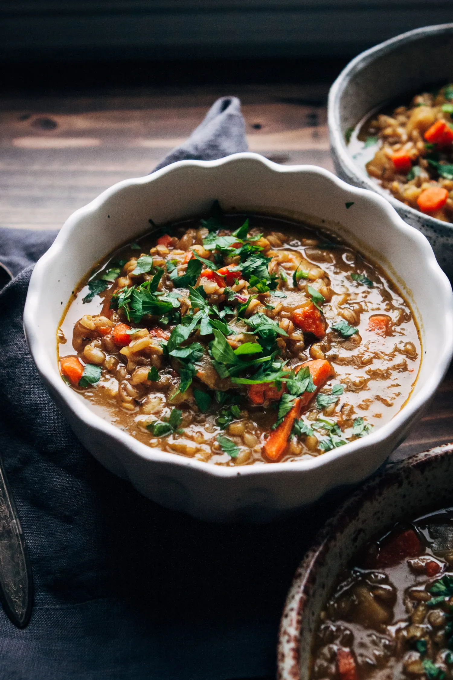 Healthy Winter Vegetable Soup with Roasted Garlic Nuts