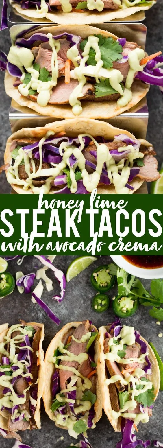 Honey Lime Steak Tacos with Avocado Crema