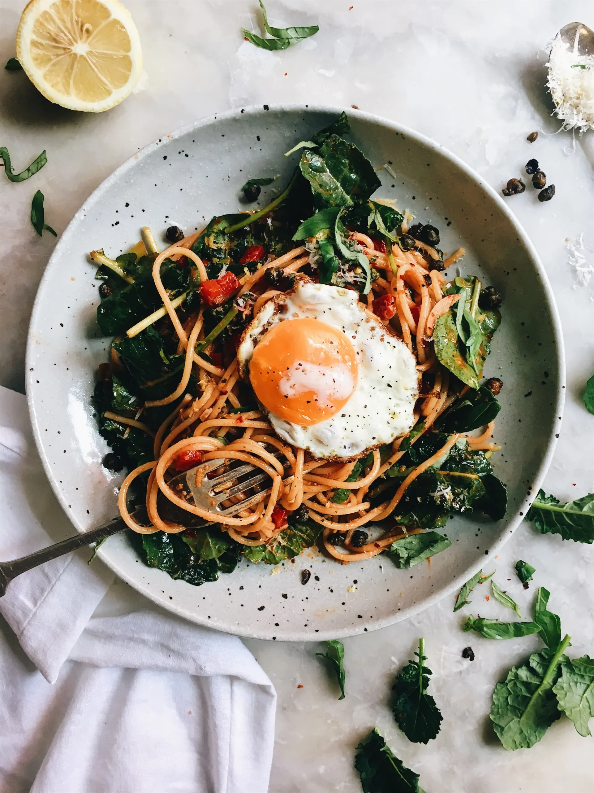 Kale Pasta with Capers and Olives