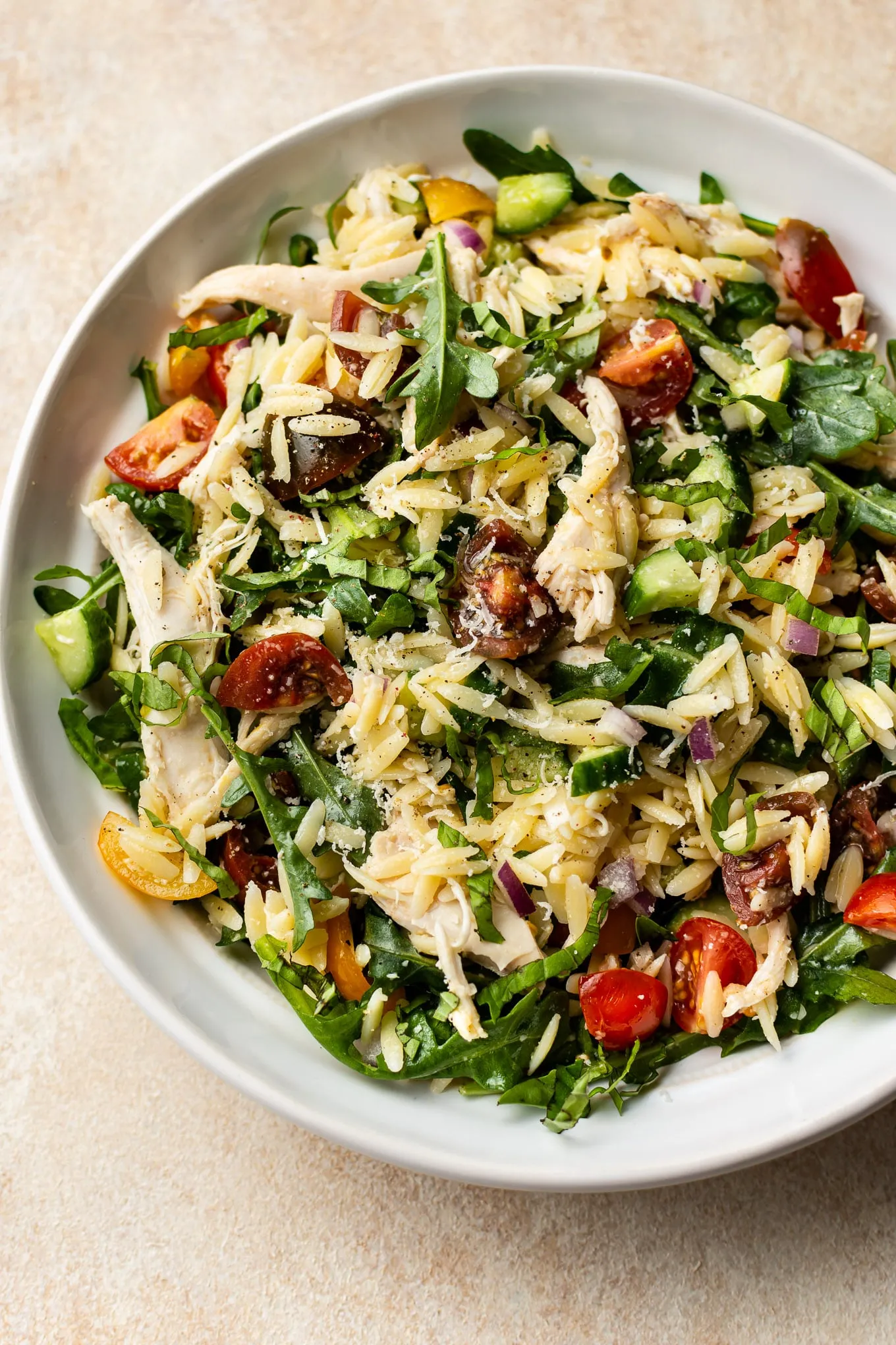 Lemony Orzo Veggie Salad with Chicken