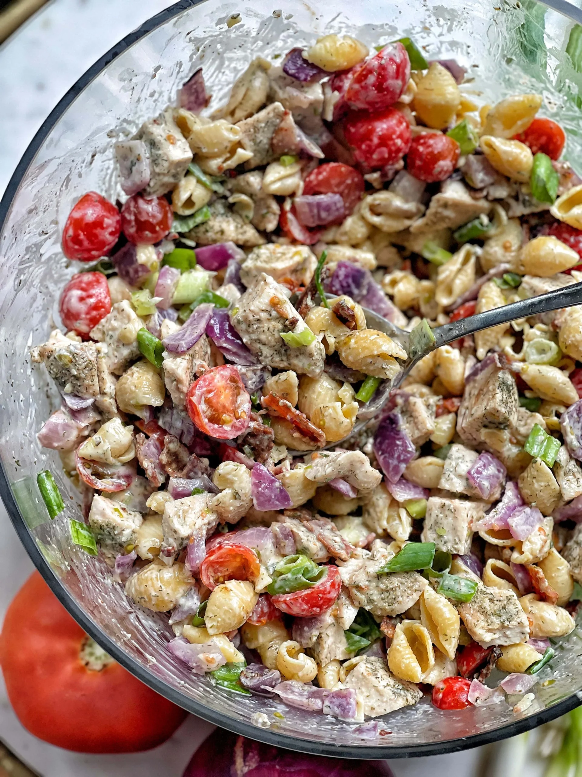Light Bacon Ranch Chicken Pasta Salad