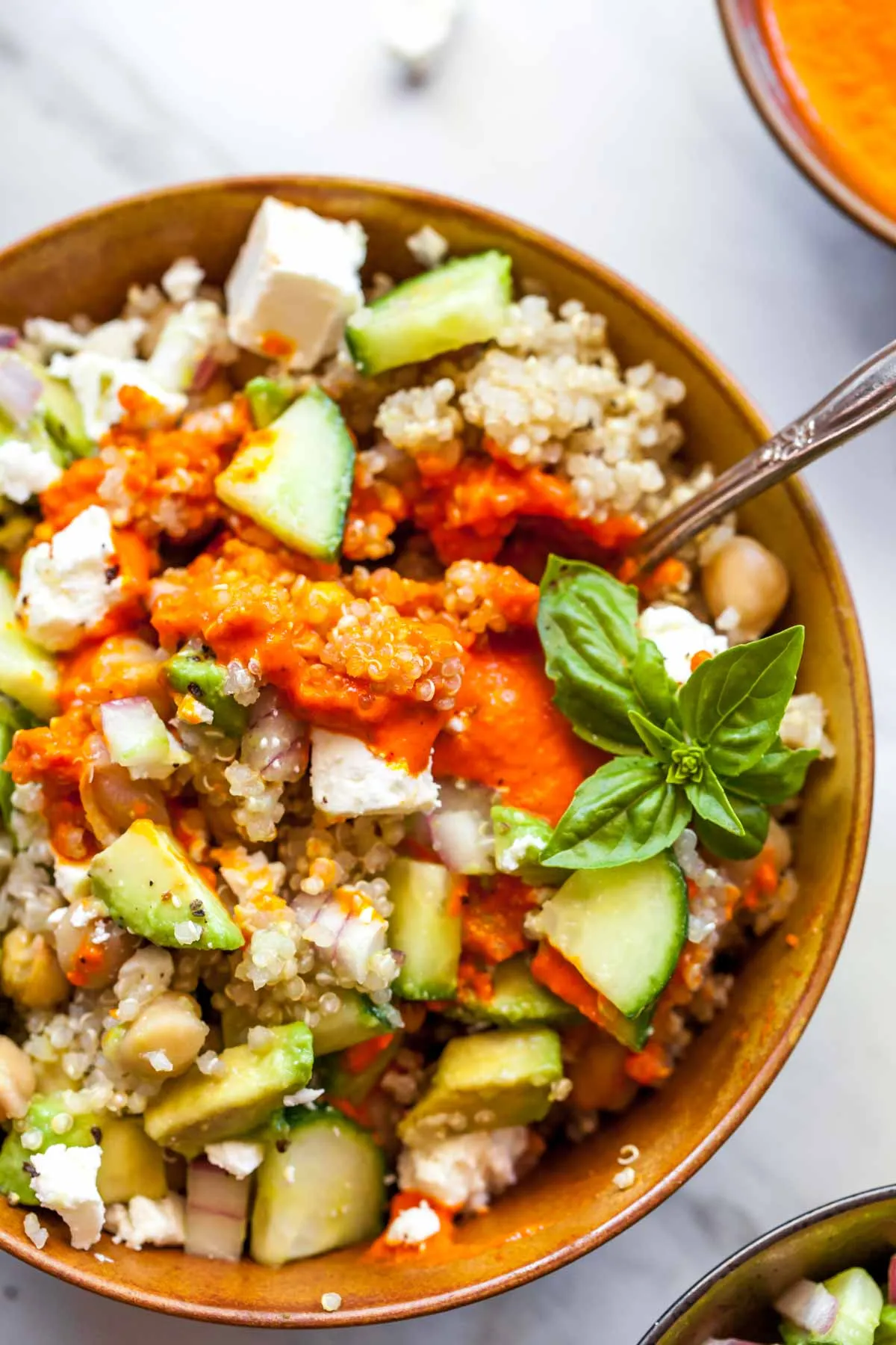 Mediterranean Quinoa Bowl with Roasted Red Pepper Sauce