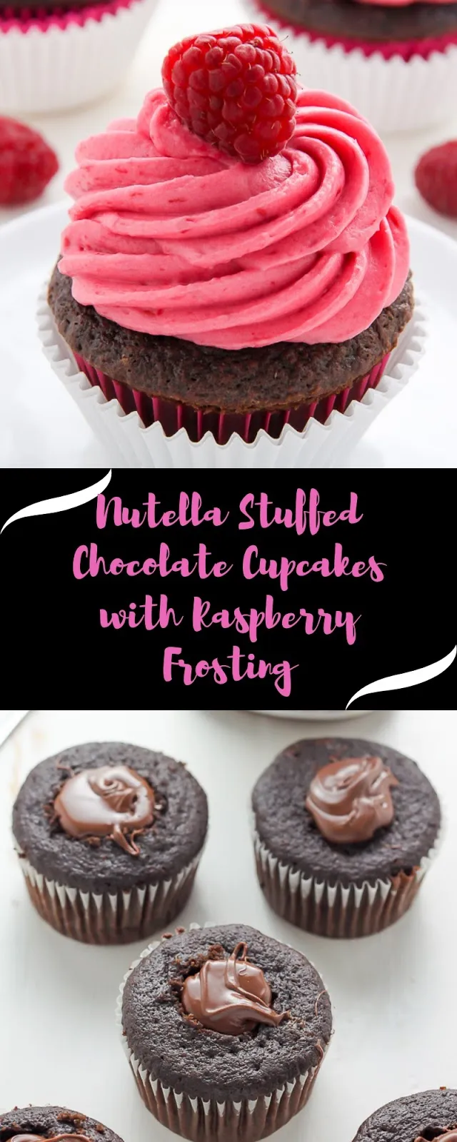 Nutella Stuffed Chocolate Cupcakes with Raspberry Frosting