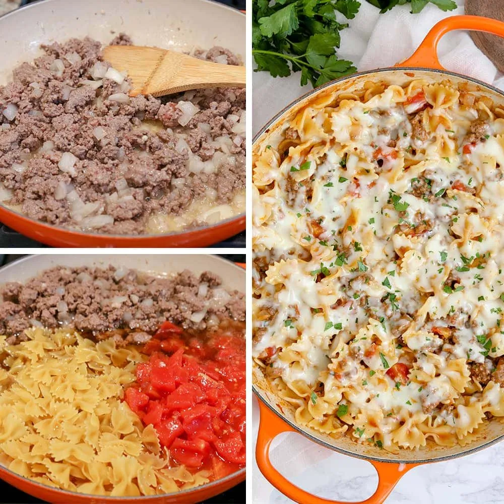 One Pan Cheesy Beef Tomato Pasta Skillet