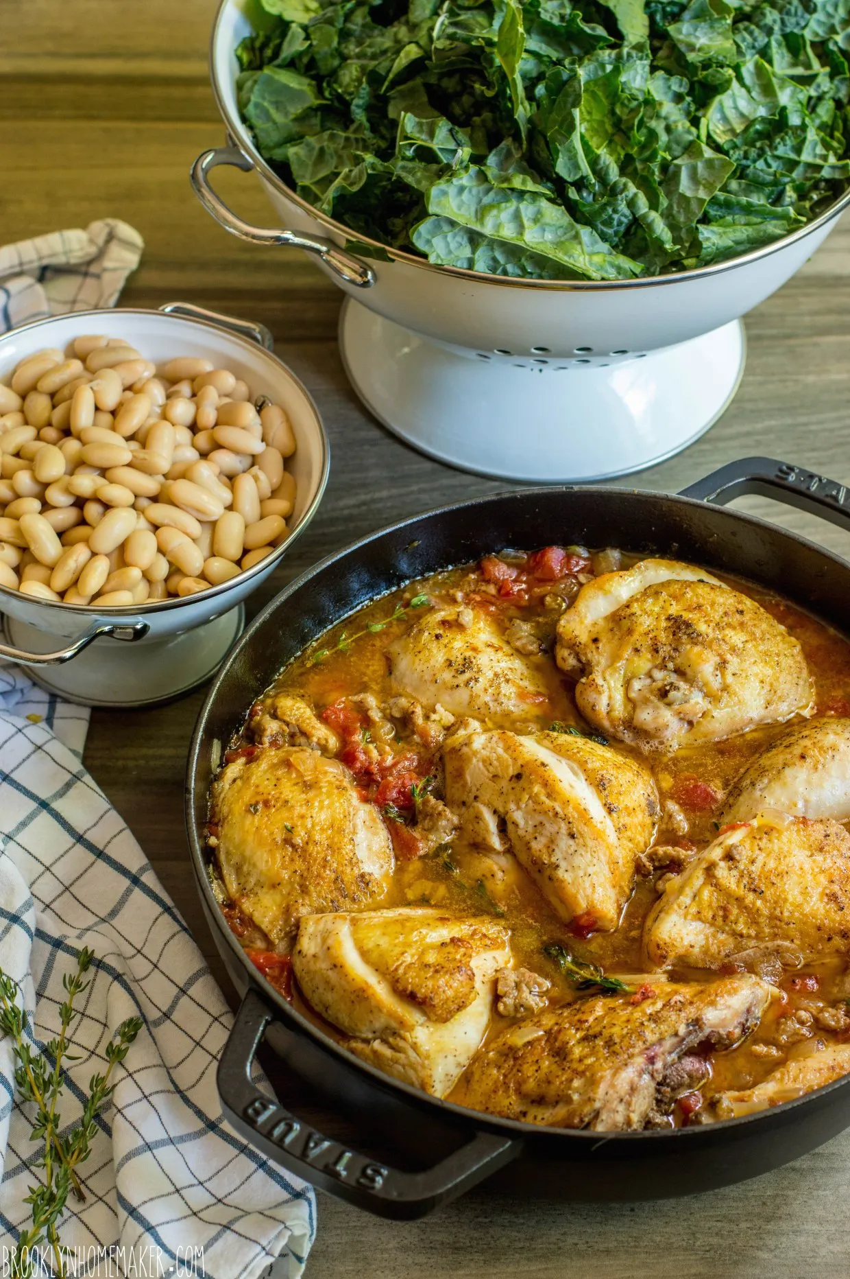 One Pot Braised Chicken with Kale and White Beans