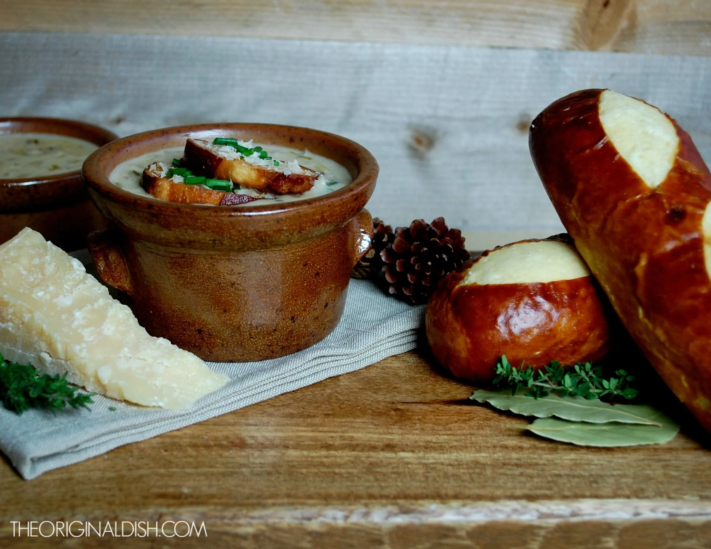 Onion Dijon Soup with Pretzel Roll Croutons