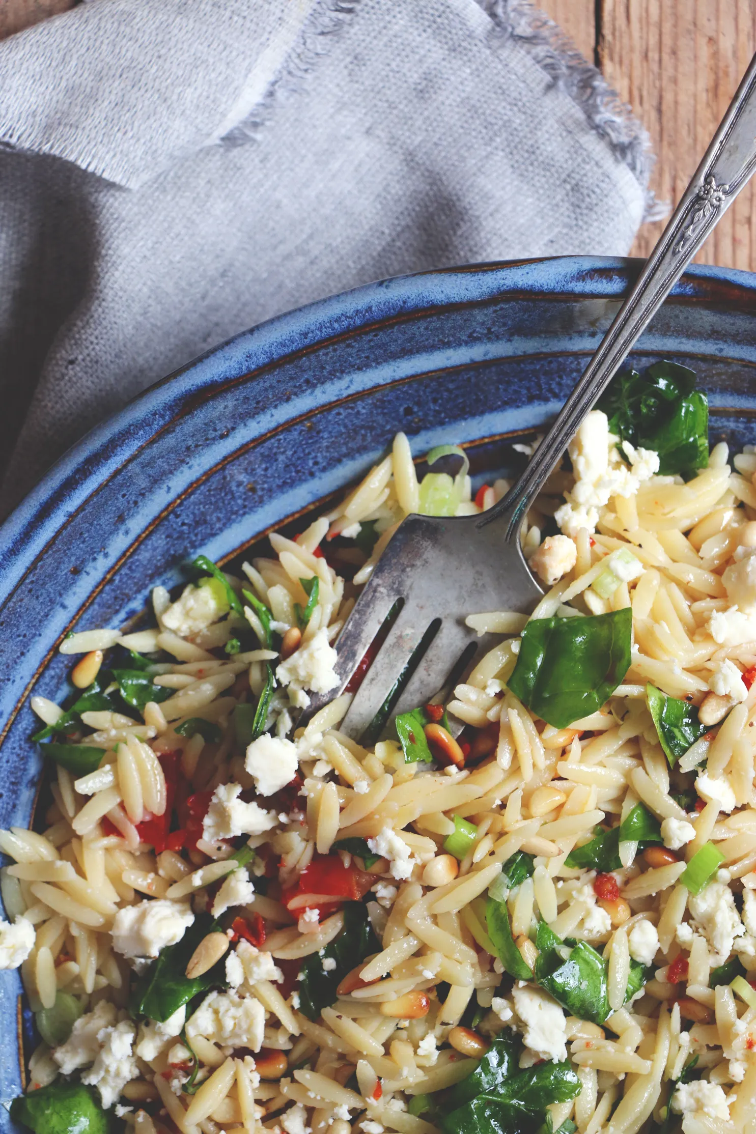 Orzo Salad with Roasted Red Peppers, Spinach, and Feta