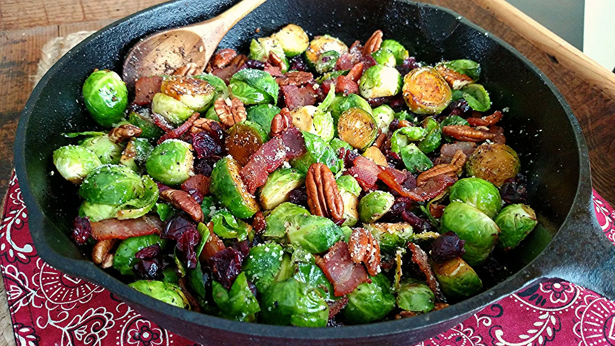 Pan Fried Brussels Sprouts with Bacon and Cranberries