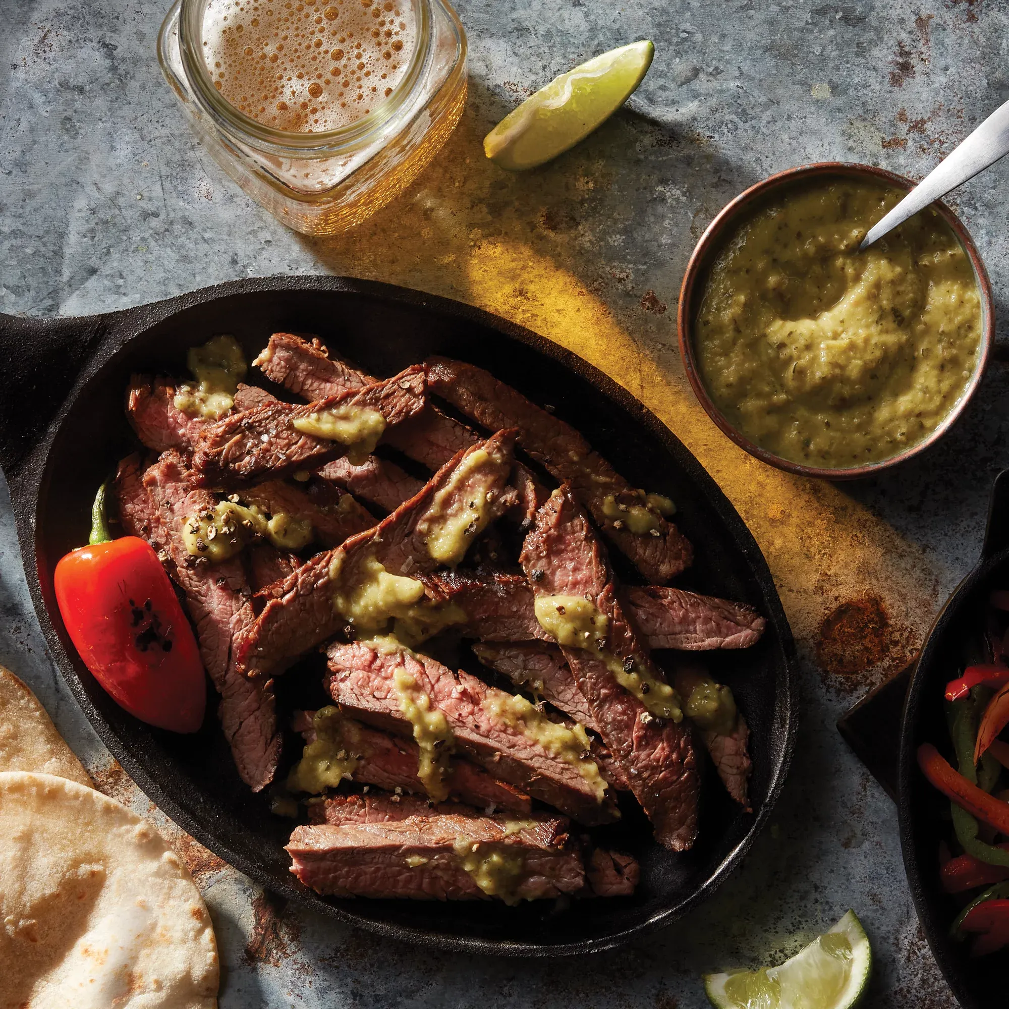 Pan Seared Flank Steak with Tomatillo Salsa Pan Sauce
