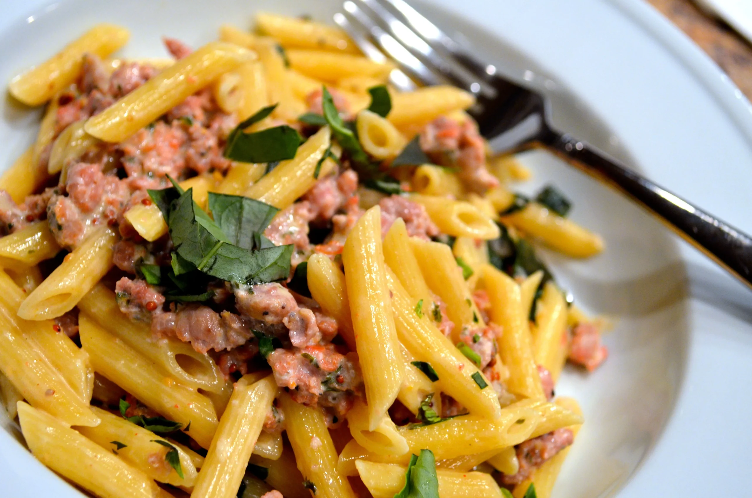 Pasta with Sausage, Basil, and Mustard
